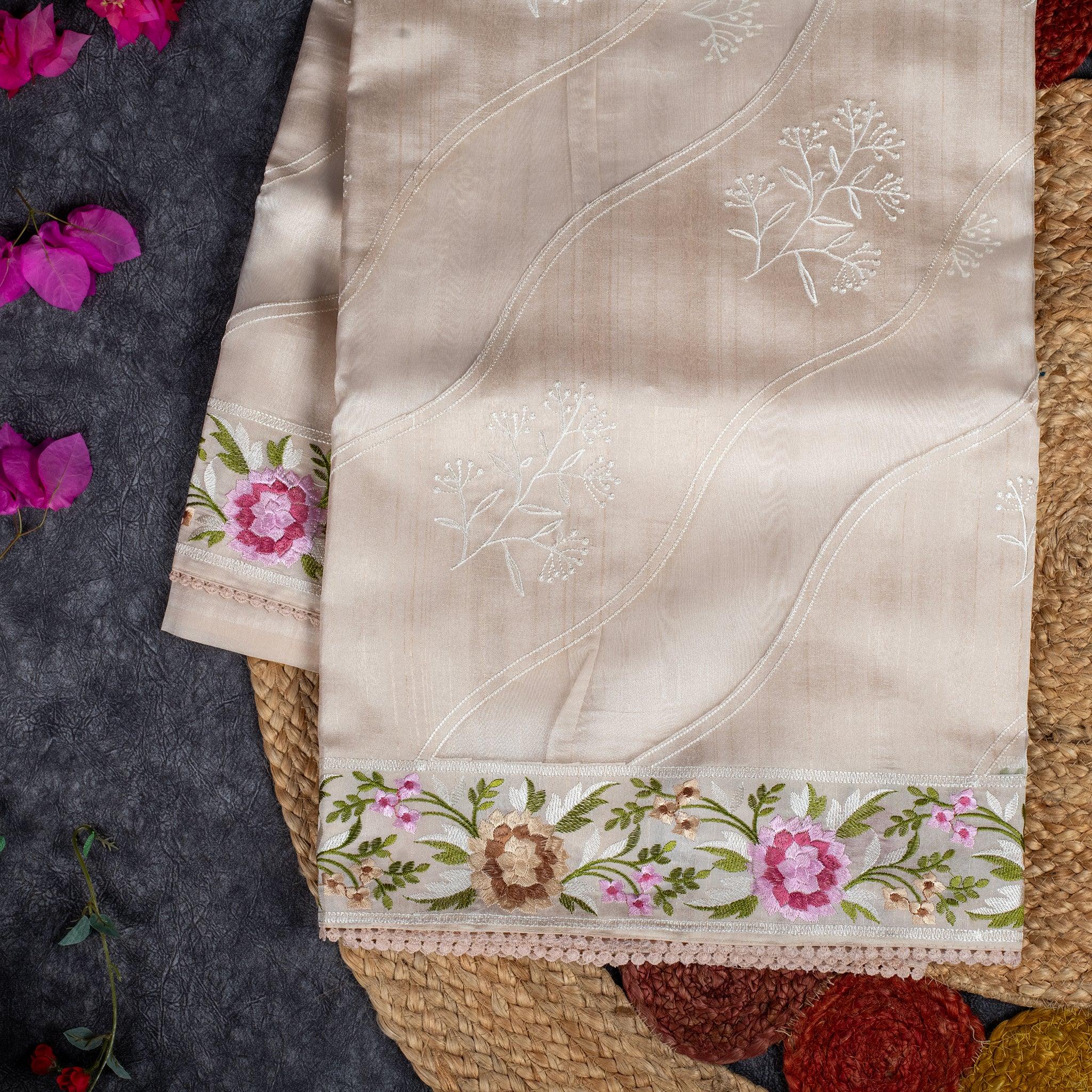 Semi Tussar Silk Saree – Organza & Tussar Fusion with Embroidery - Off-White - Kleem Boutique Main image