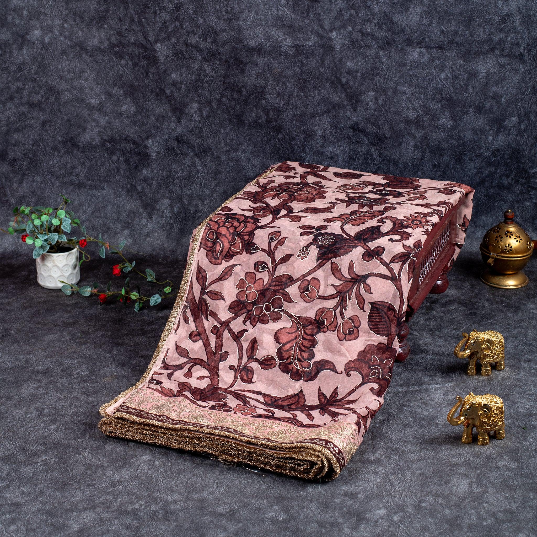 Pure Handloom Georgette Saree with Digital Print & Pitta Work – Light Peach Main image