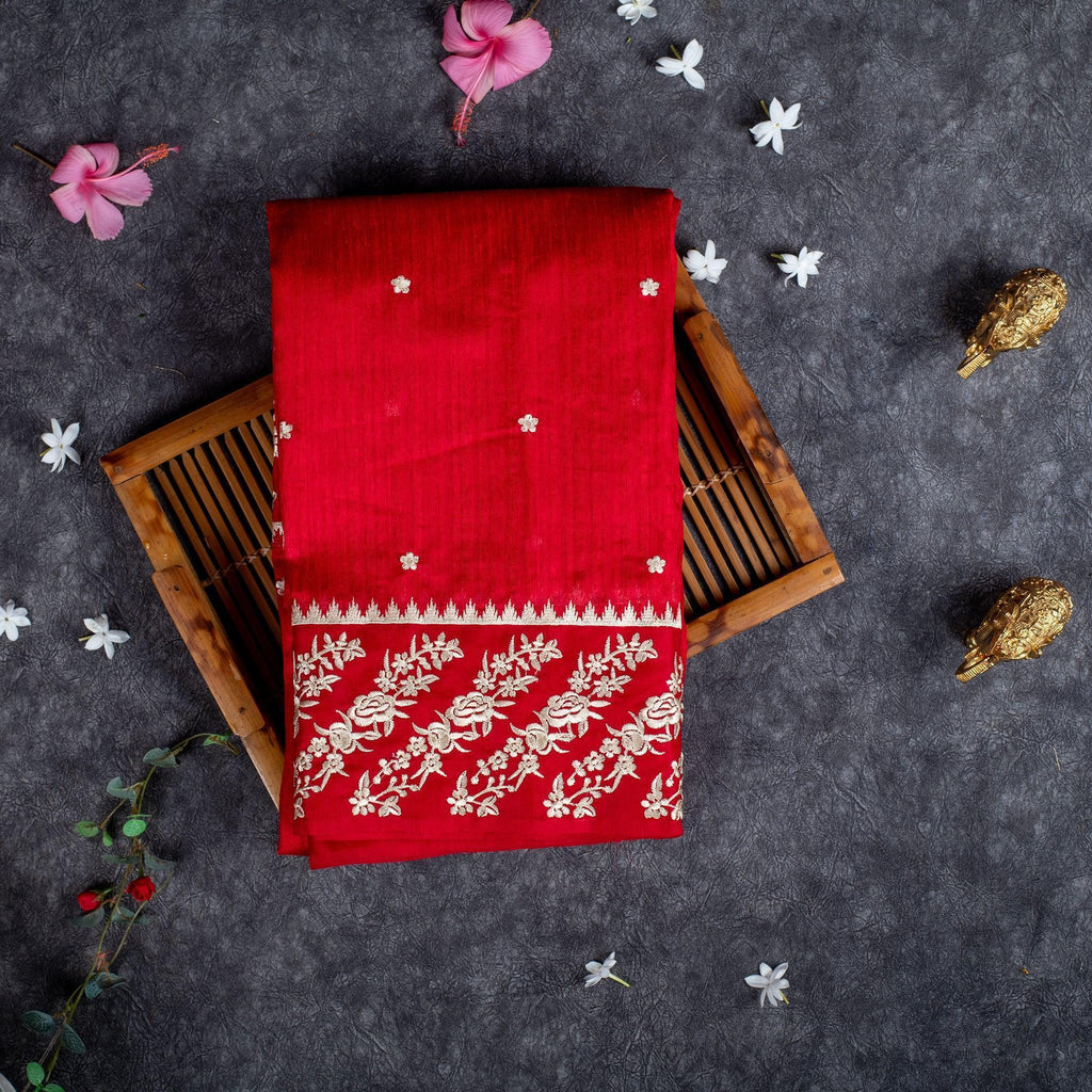 Handloom Cotton Silk Saree with Embroidery Work - Red - Kleem Boutique