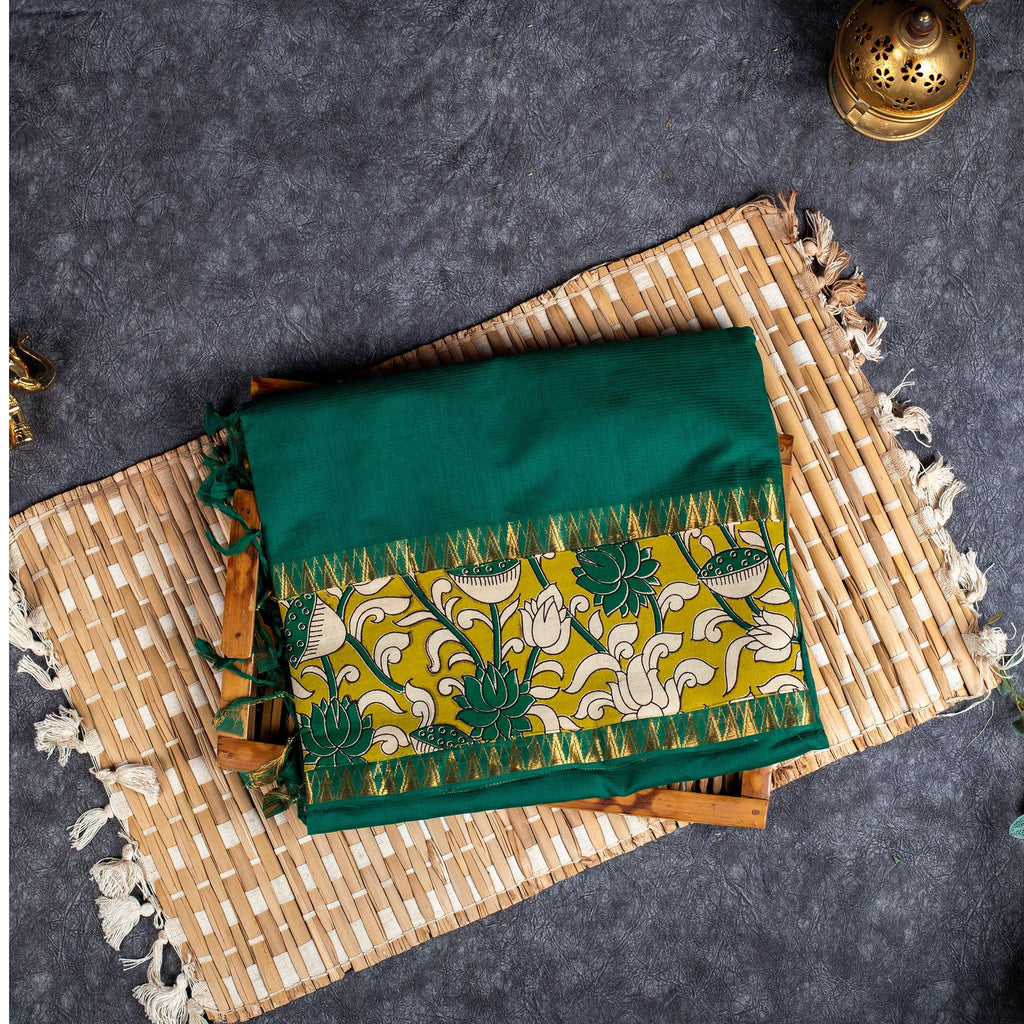 Pure Handloom MG Cotton Saree with Kalamkari Patch Work - Green - Kleem Boutique