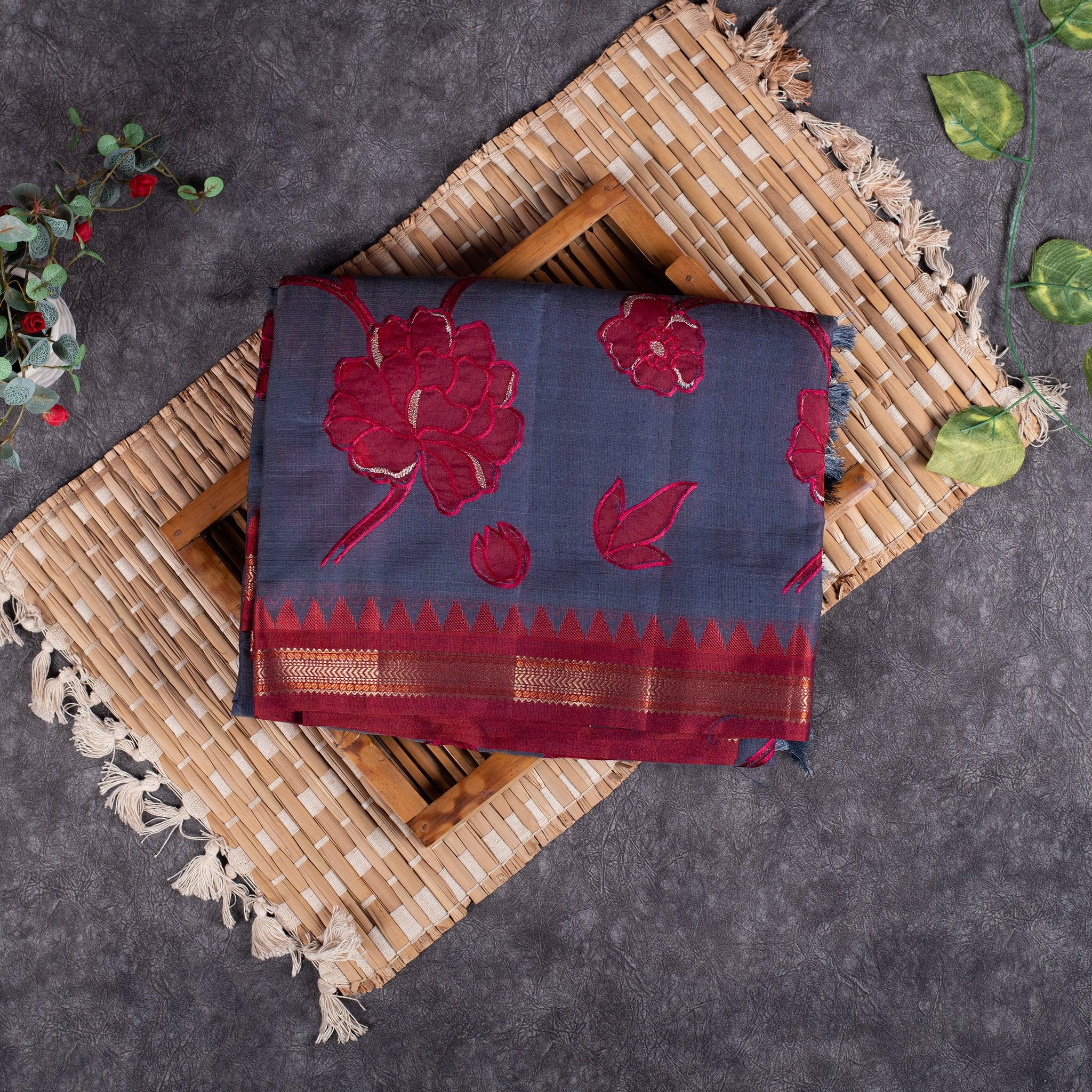 Semi Tussar Silk Saree – Vidarbha Style with Applique Work - Kleem Boutique Main image