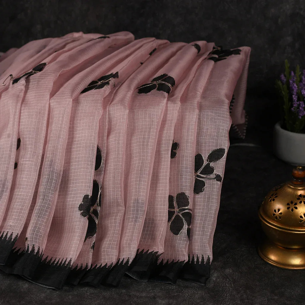 Semi Silk Kota Peach Saree with Black Floral Digital Print - Kleem Boutique Main image