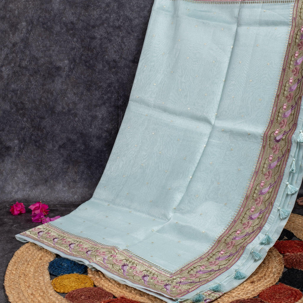 Tissue Organza Saree with Paithani-Inspired Border - Mint Blue - Kleem Boutique