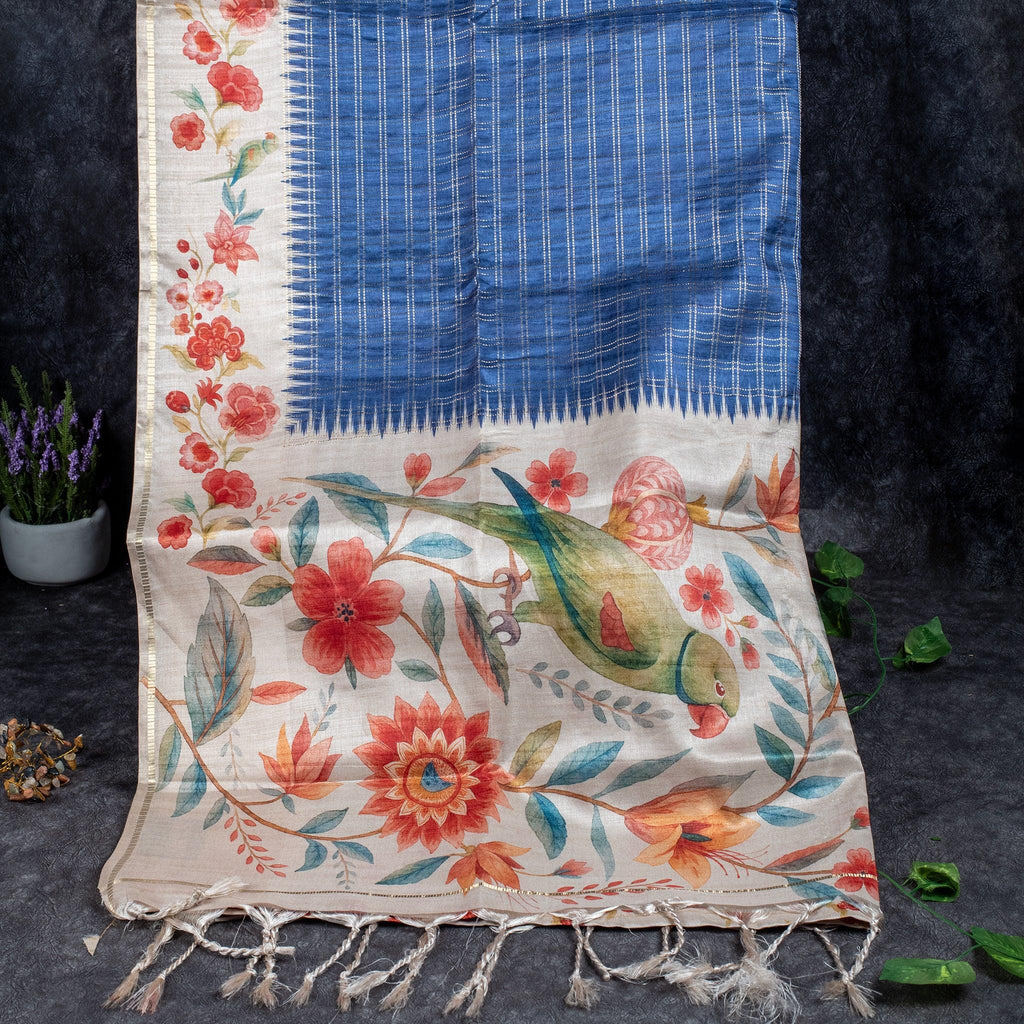 Semi Tussar Silk Saree – Zari Checks with Off-White Floral Pallu - Kleem Boutique