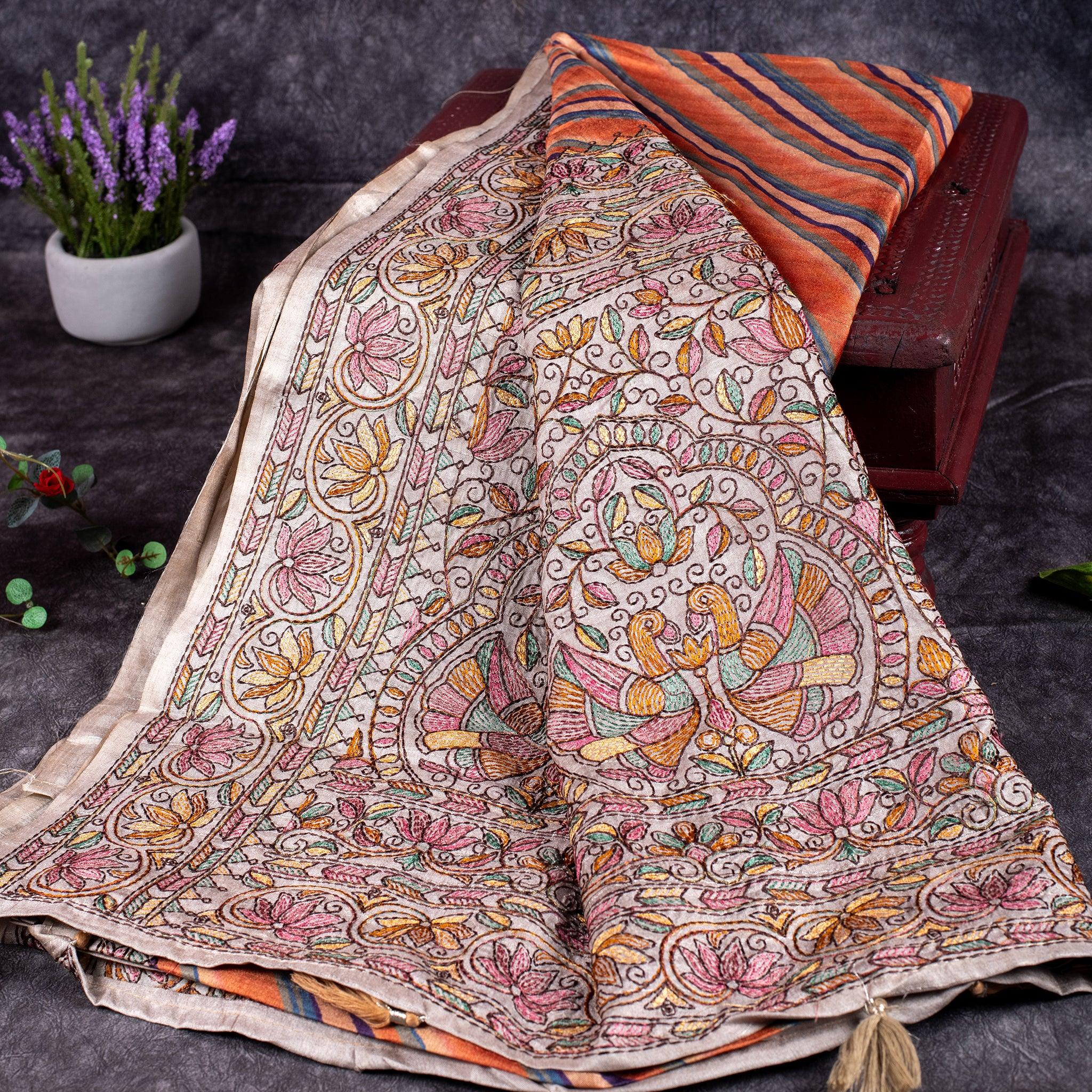 Semi Tussar Silk Saree – Leheriya Design with Kantha Border Secondary image