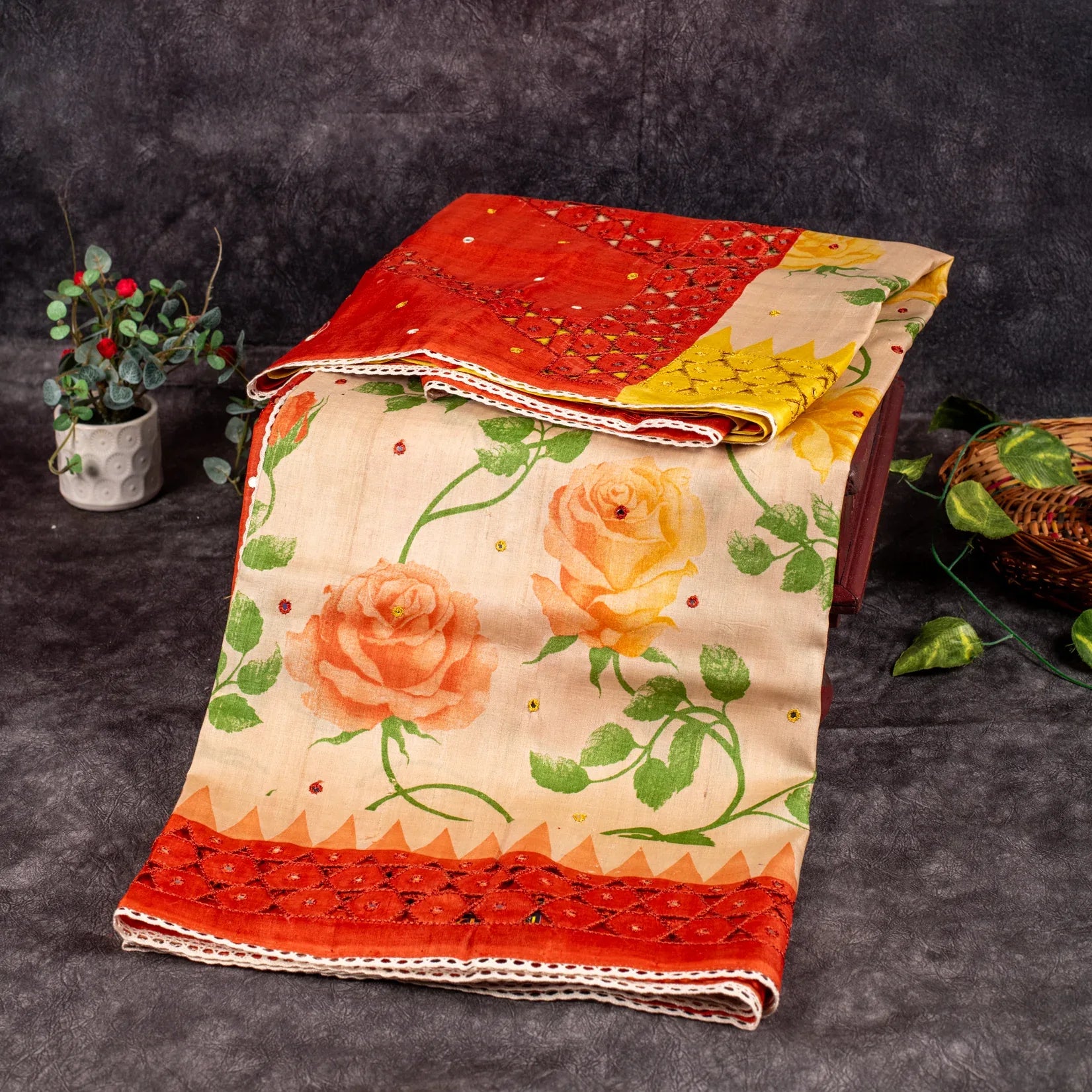 Pure Handloom Tussar Silk Off-White & Orange Saree with Floral Print & Mirror Cutwork Secondary image