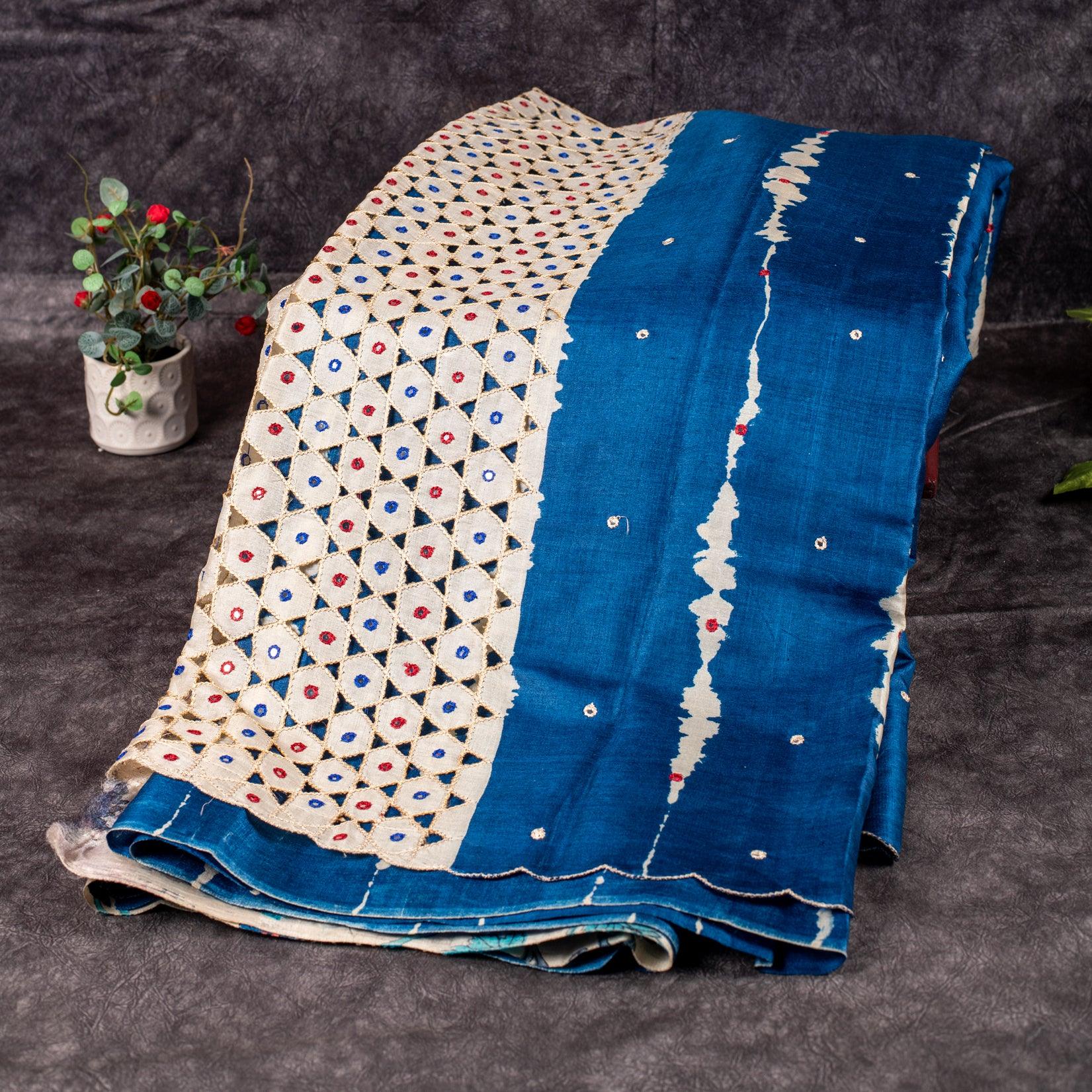 Pure Handloom Tussar Silk Blue & Off-White Saree with Vertical Pattern & Mirror Work - Kleem Boutique