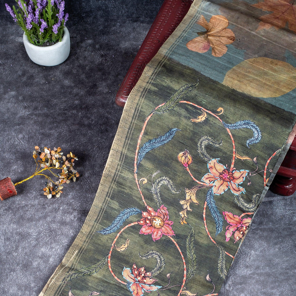 Semi Tussar Silk Saree – Eco Digital Floral & Leaf Print - Kleem Boutique
