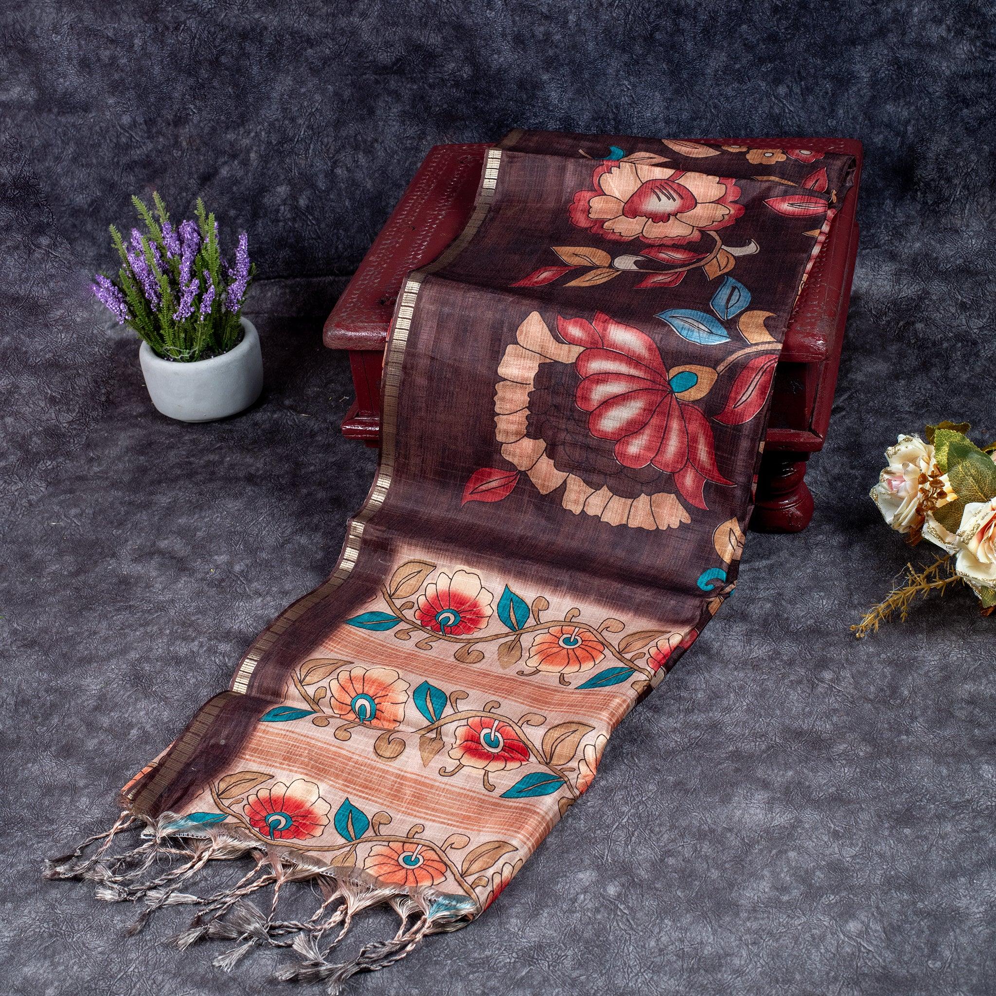 Semi Tussar Silk Saree – Kalamkari Floral Design with Zari Border Secondary image