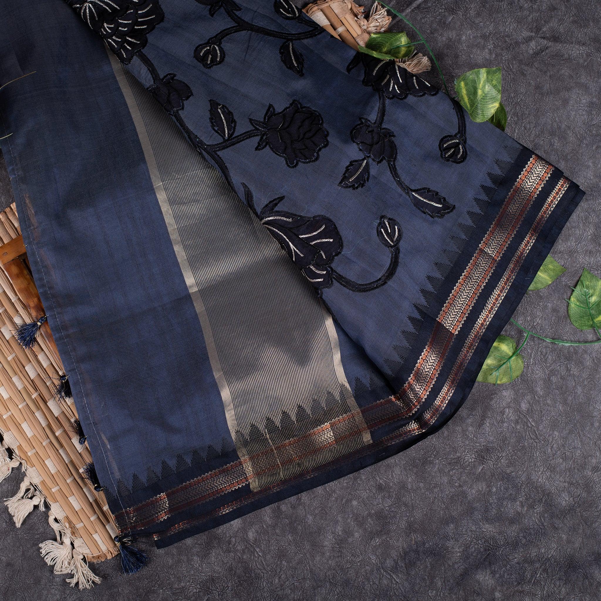 Semi Tussar Silk Saree – Vidarbha Style with Applique Work - Kleem Boutique