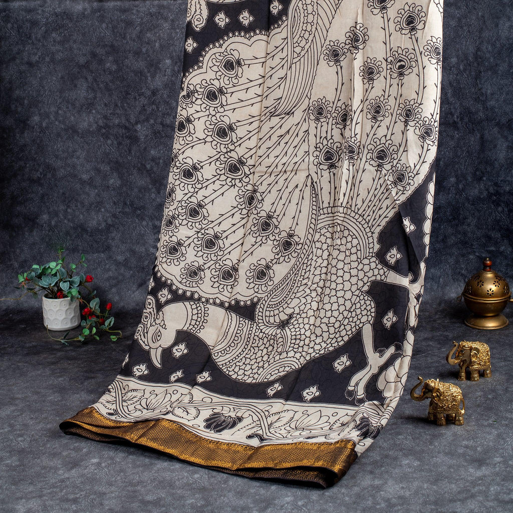 Pure Handloom Nizam Border Silk Saree with Kalamkari Print - Black & Off White - Kleem Boutique