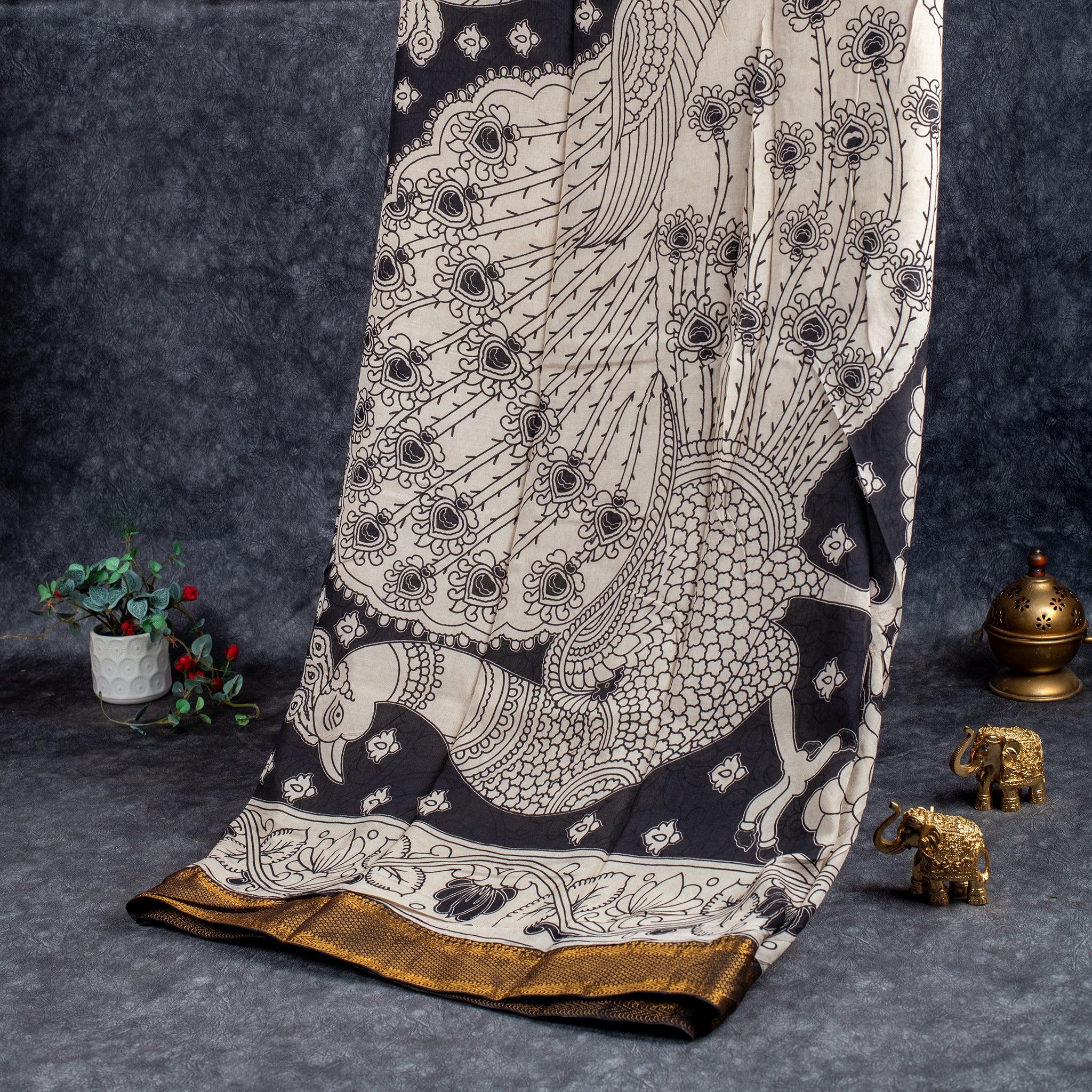 Pure Handloom Nizam Border Silk Saree with Kalamkari Print - Black & Off White - Kleem Boutique