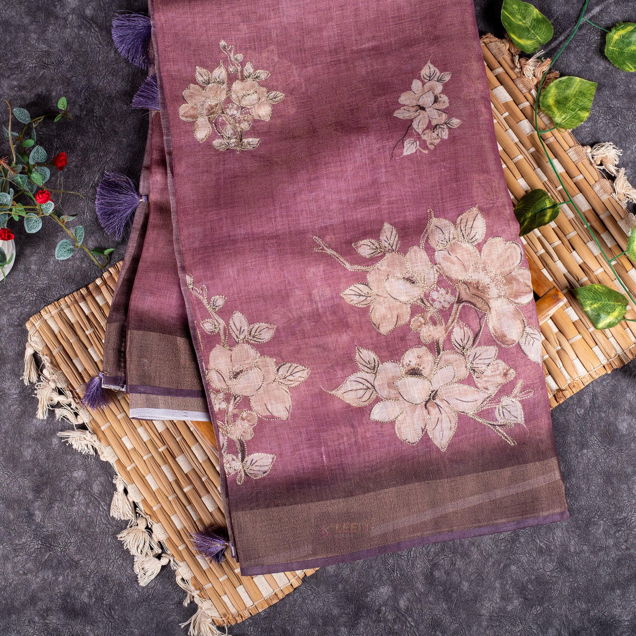 Linen Tissue Silk Saree with Floral Embroidery - Soft Purple Secondary image