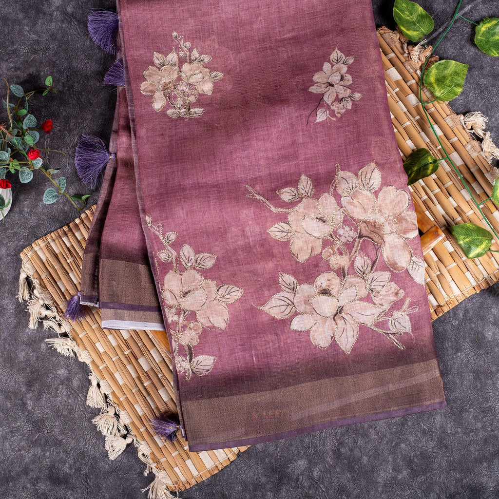 Linen Tissue Silk Saree with Floral Embroidery - Soft Purple - Kleem Boutique