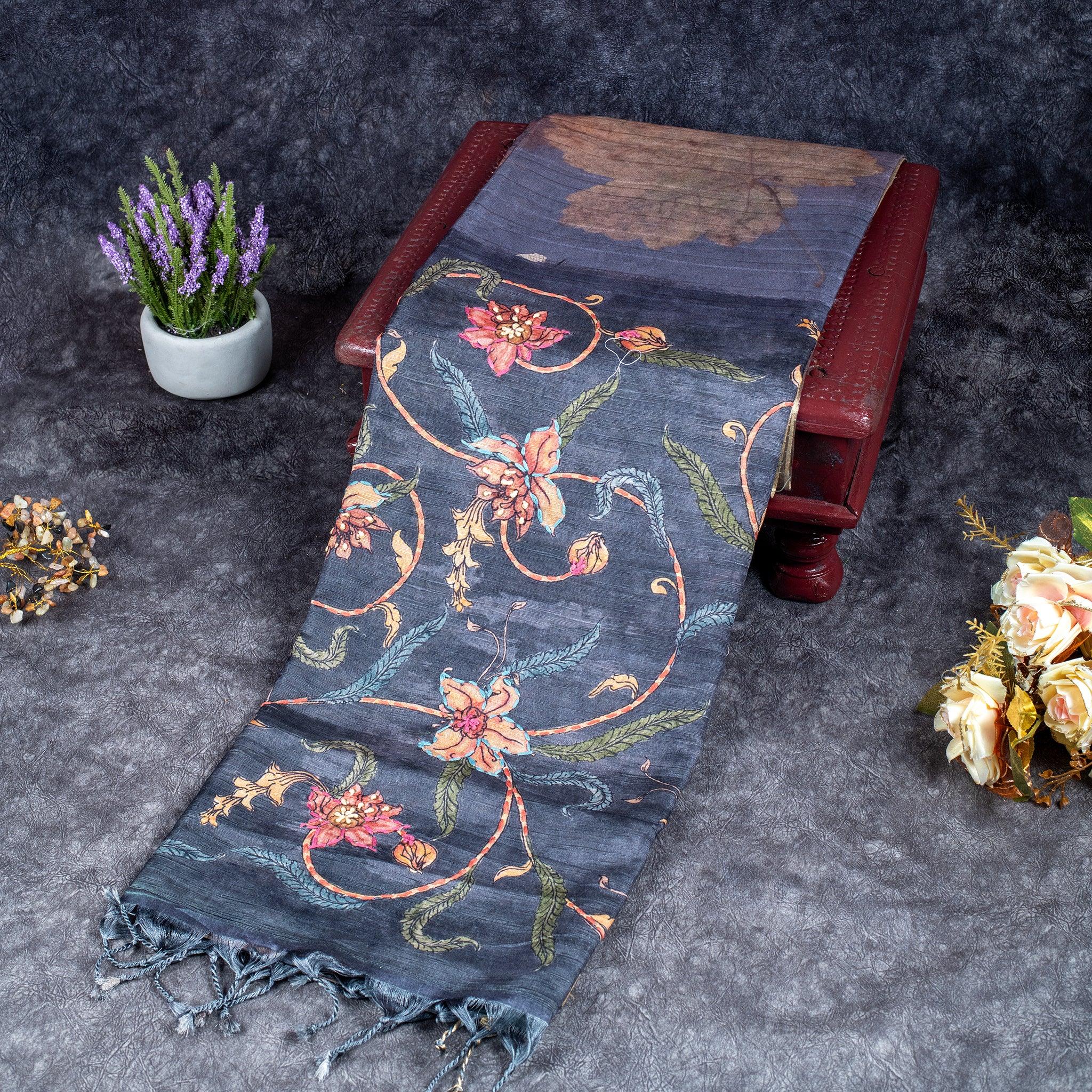 Semi Tussar Silk Saree – Eco Digital Floral & Leaf Print Secondary image