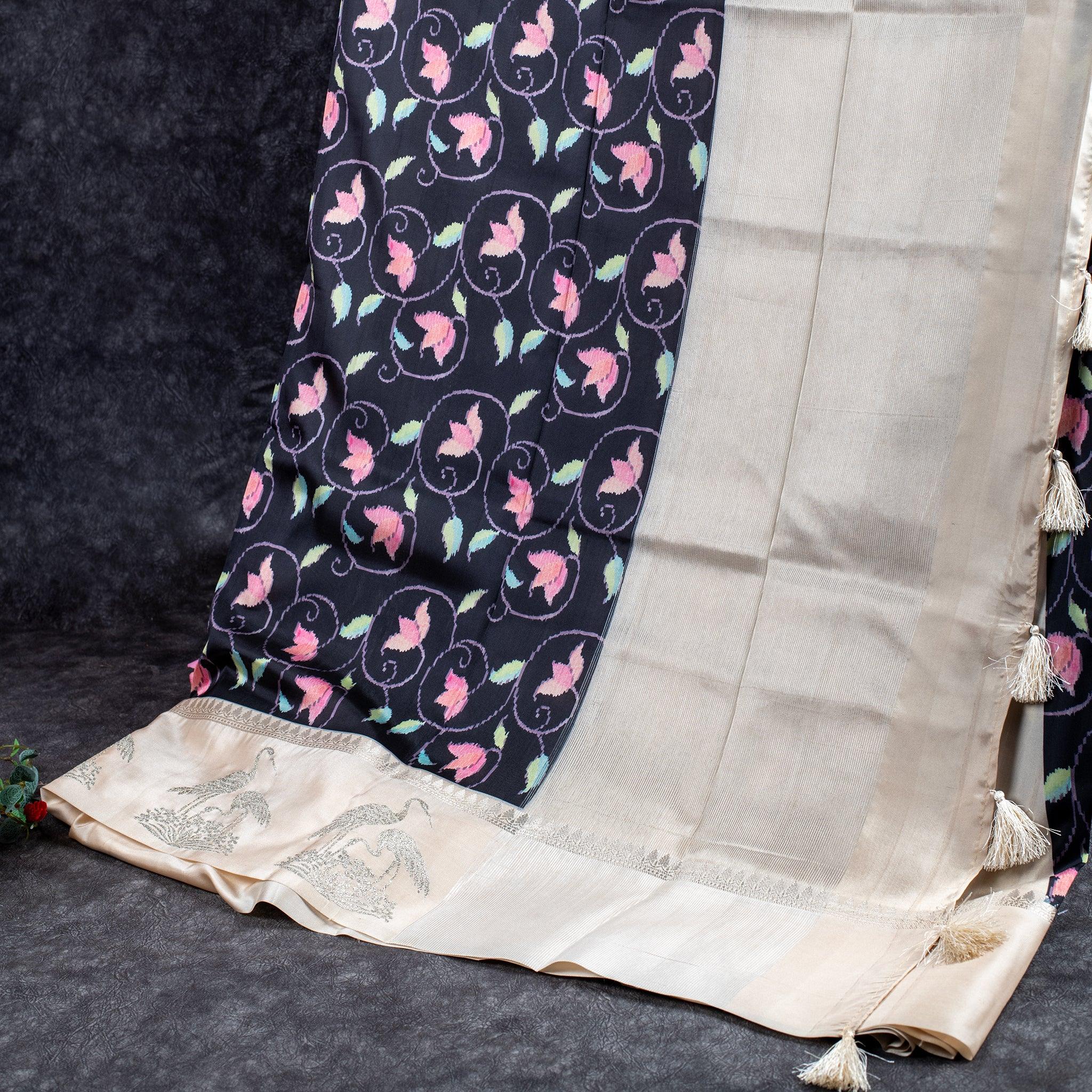 Handloom Masaroo Crepe Silk Saree with Digital Prints – Elephant Grey - Kleem Boutique