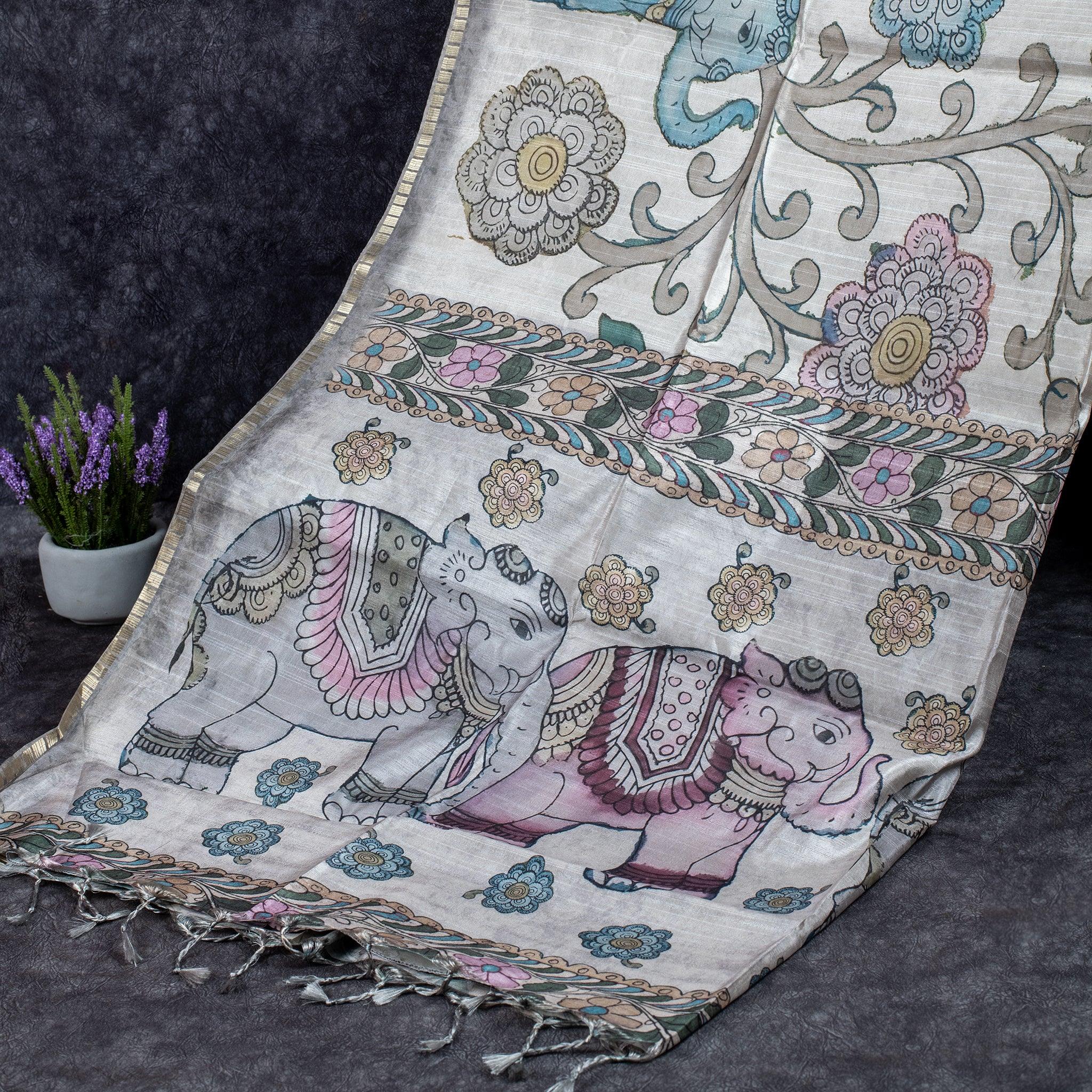 Semi Tussar Silk Saree – Kalamkari Floral & Animal Motifs Secondary image