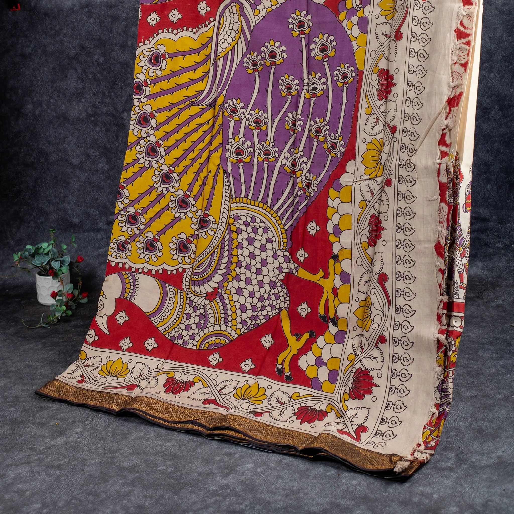 Pure Handloom Nizam Border Silk Saree with Kalamkari Print - Off White with Orange - Kleem Boutique