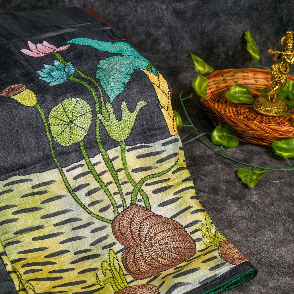 Pure Handloom Tussar Silk Elephant Grey Saree with Kantha Work Embroidery - Kleem Boutique