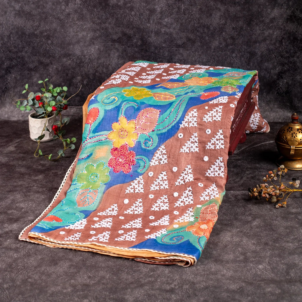 Pure Handloom Tussar Silk Multicolour Saree with Floral Digital Print, Kantha & Kutch Work - Kleem Boutique