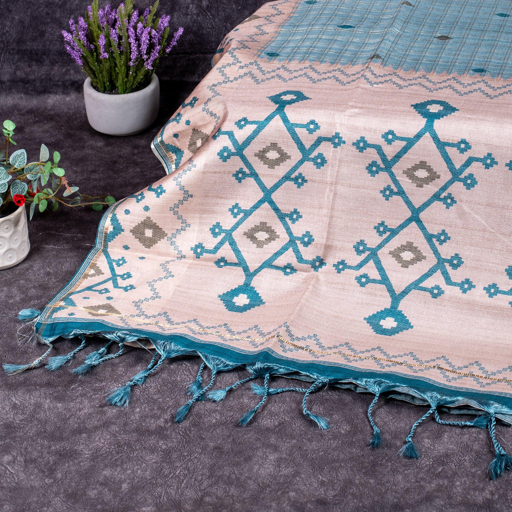 Semi Tussar Silk Saree – Zari Checks with Jamdani Print Border Secondary image