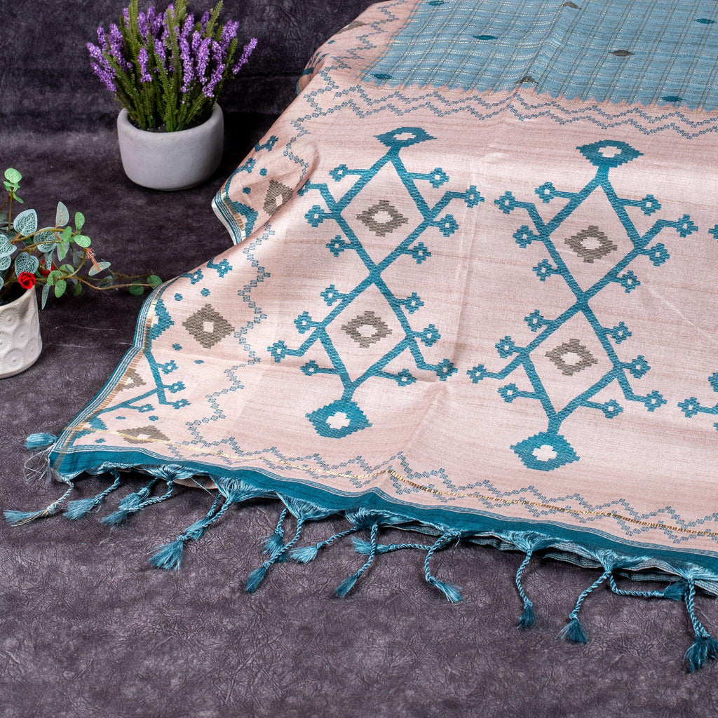 Semi Tussar Silk Saree – Zari Checks with Jamdani Print Border - Kleem Boutique