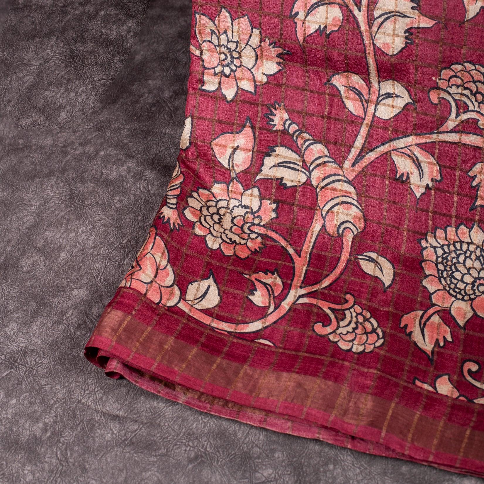 Pure Handloom Tussar Silk Deep Wine Maroon Saree with Floral Digital Print & Zari Checks - Kleem Boutique