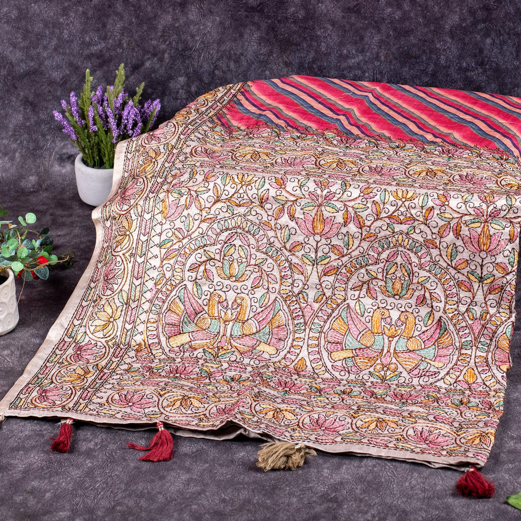 Semi Tussar Silk Saree – Leheriya Design with Kantha Border - Kleem Boutique