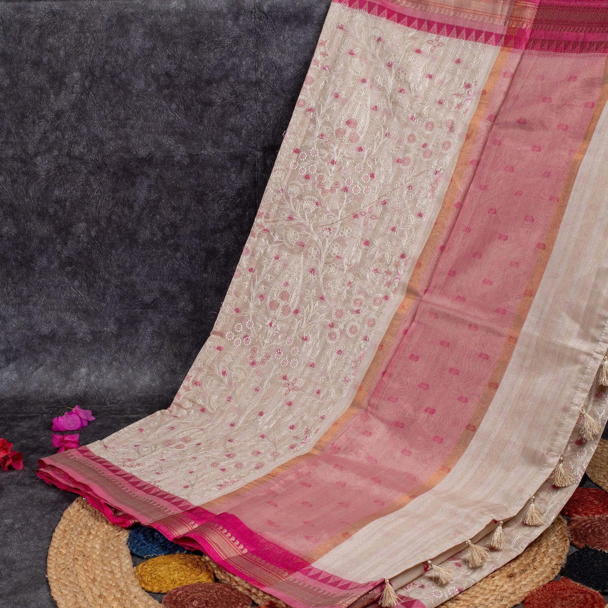 Elegant Saree with Machine Chikankari – Off-White - Kleem Boutique