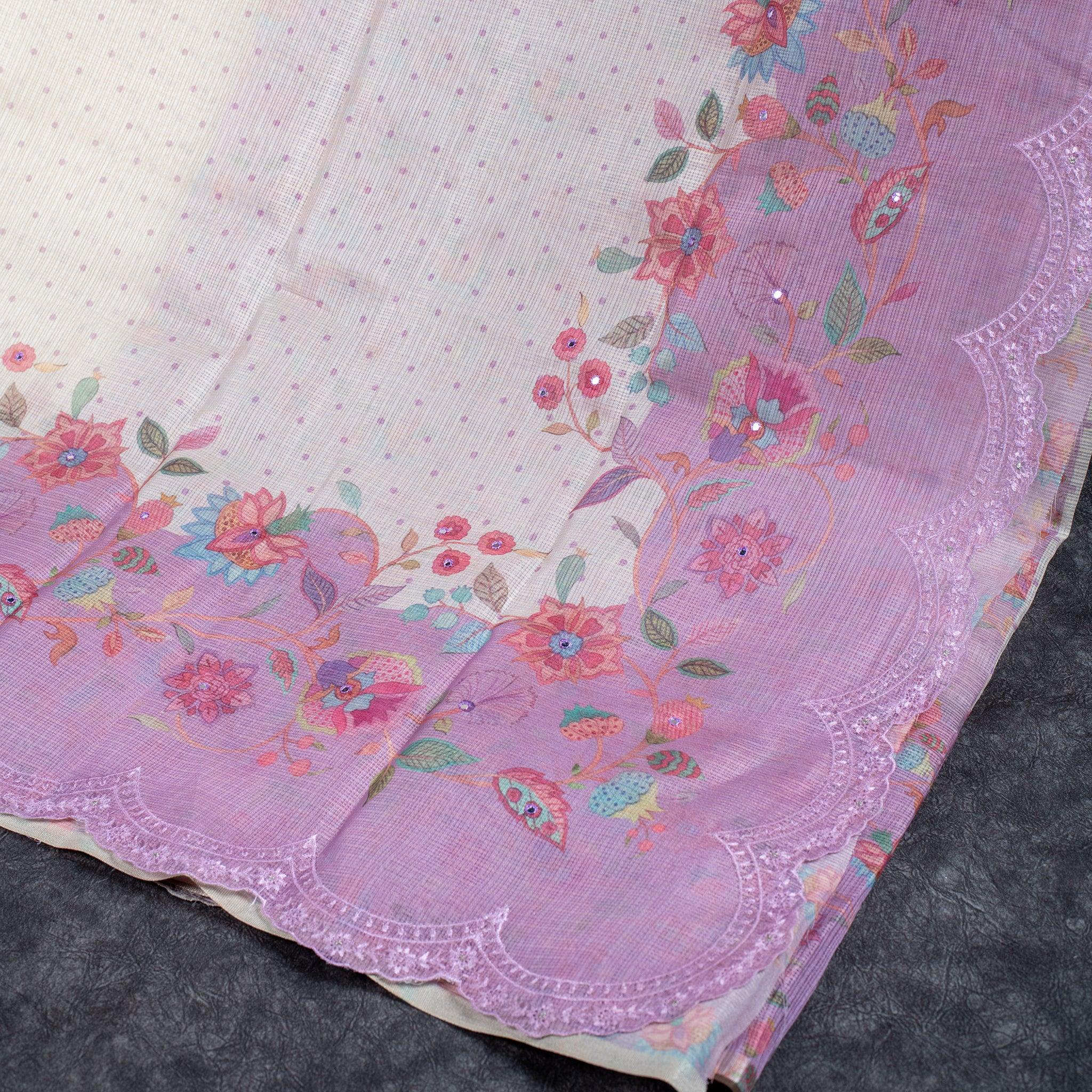 Handloom Kota Silk Saree with Digital Prints – Cream & Lavender - Kleem Boutique