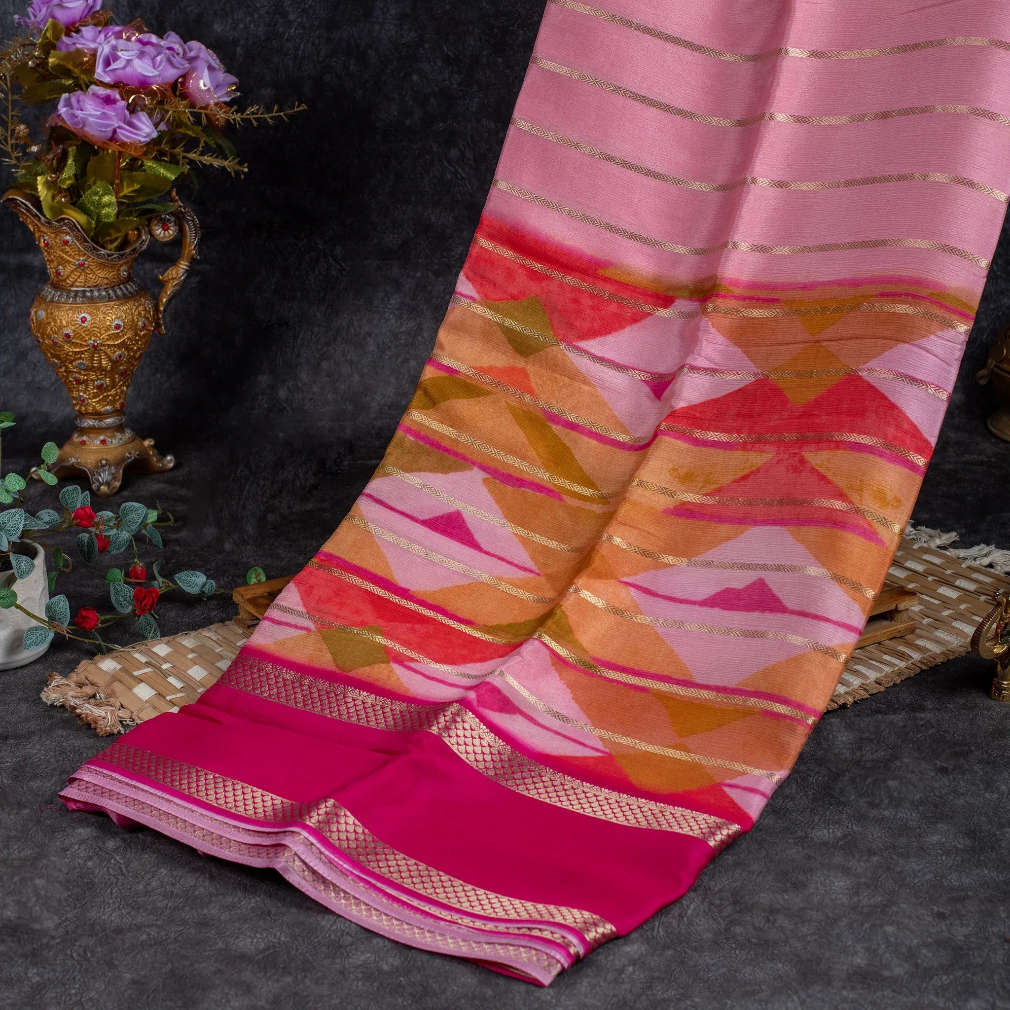 Shrinagar Silk Saree – Chinnon Crepe Fabric - Rani Pink - Kleem Boutique