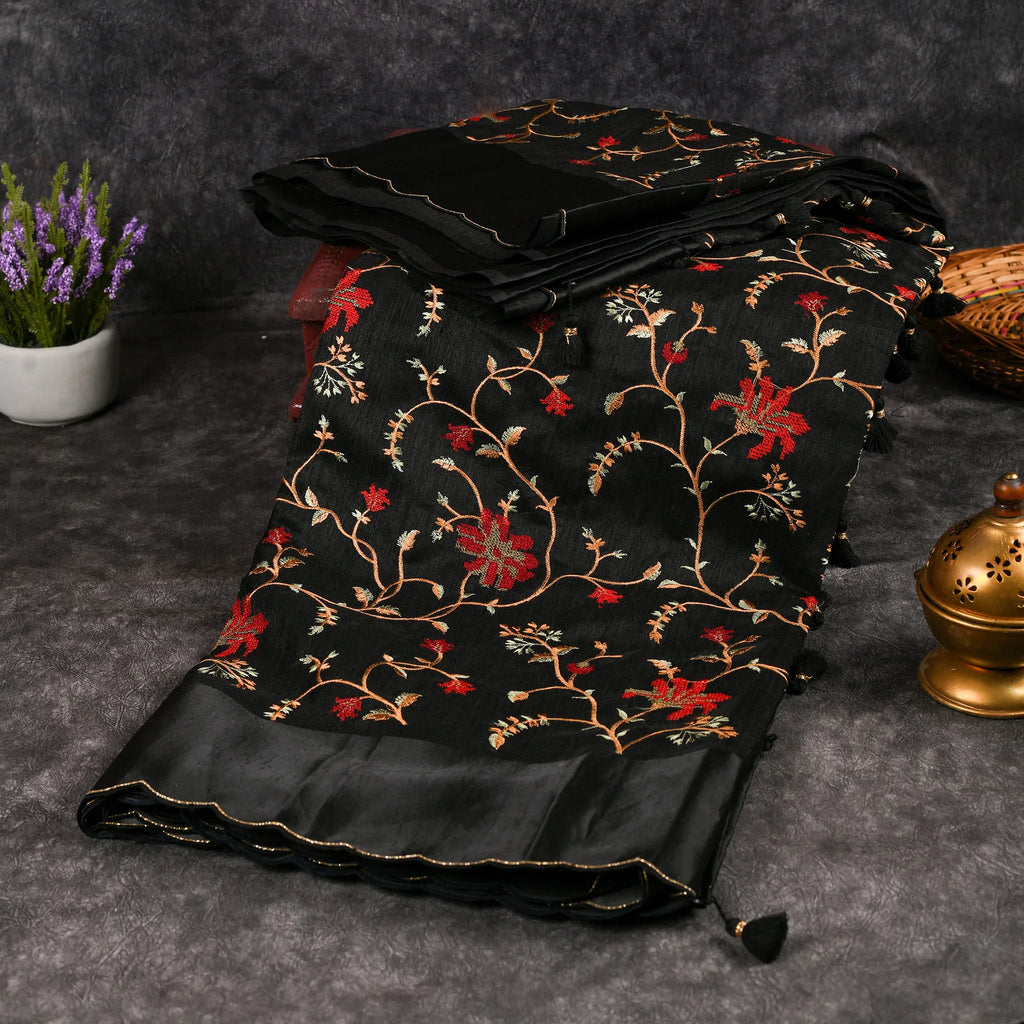 Tussar Jute Black Saree with Cross-Stitch Embroidery and Scallop Border - Kleem Boutique