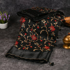 Tussar Jute Black Saree with Cross-Stitch Embroidery and Scallop Border - Kleem Boutique