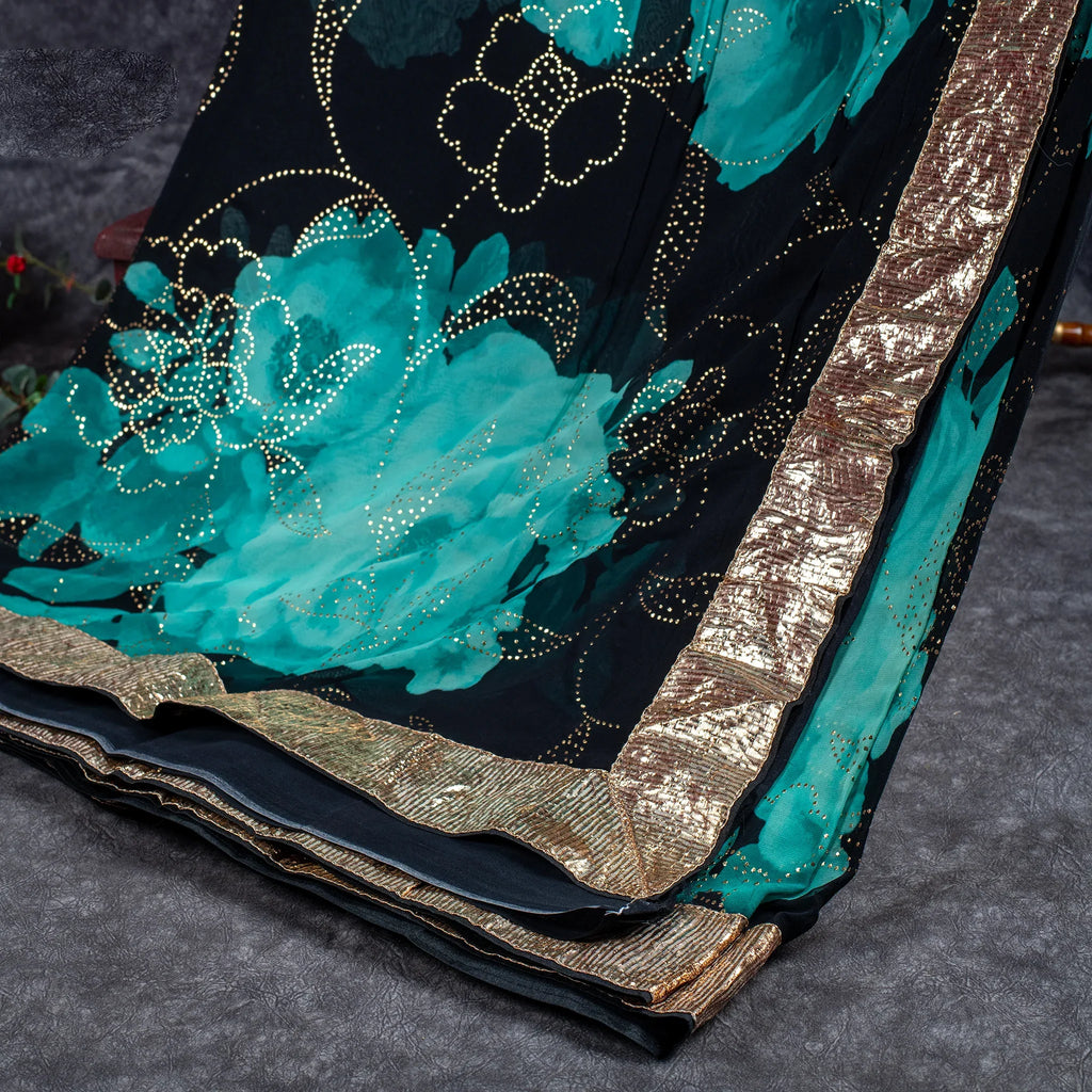 Pure Handloom Georgette Saree with Digital Print & Mukesh Work - Black with Sea Green Combo - Kleem Boutique