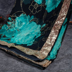 Pure Handloom Georgette Saree with Digital Print & Mukesh Work - Black with Sea Green Combo - Kleem Boutique
