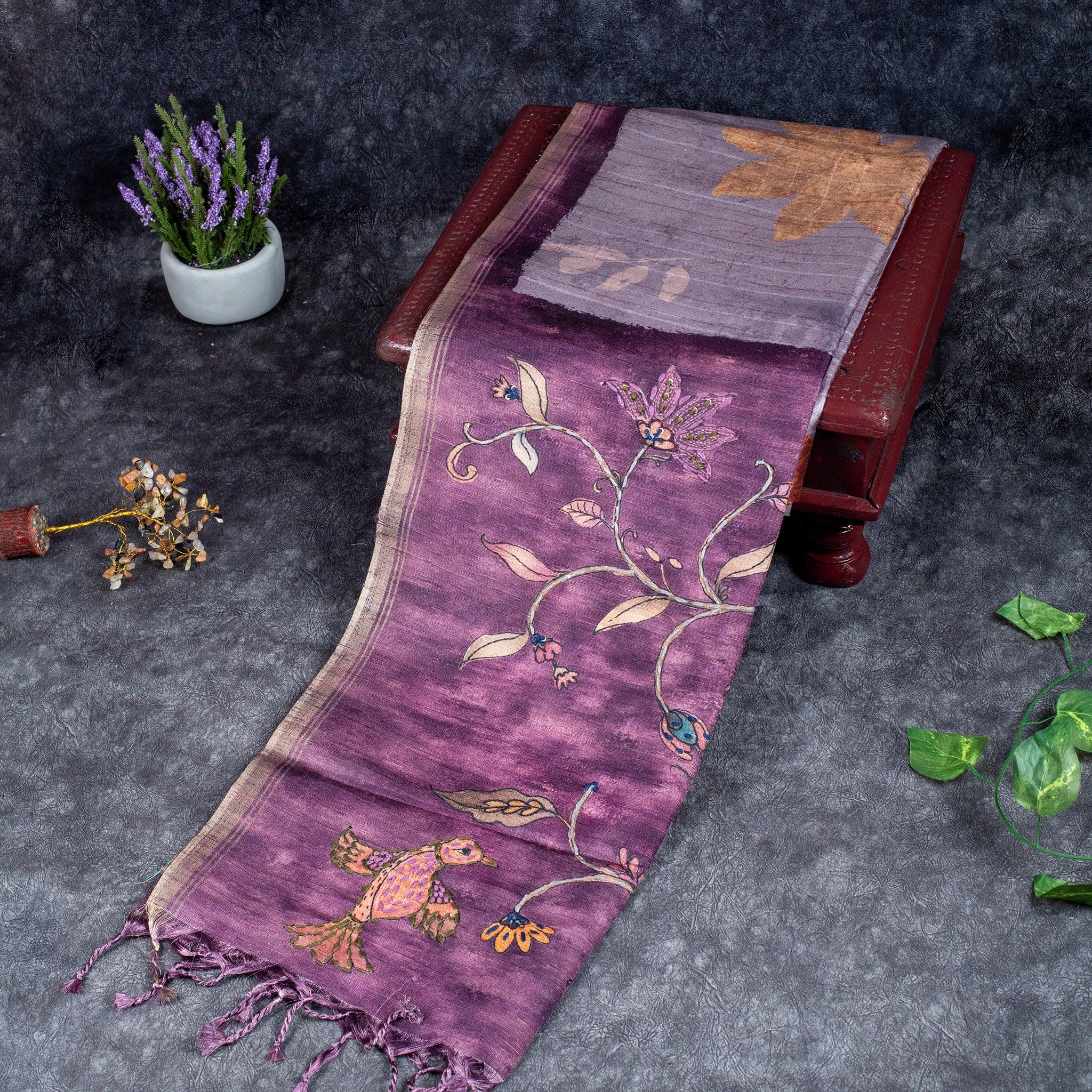 Semi Tussar Silk Saree – Eco Digital Floral & Leaf Print Secondary image