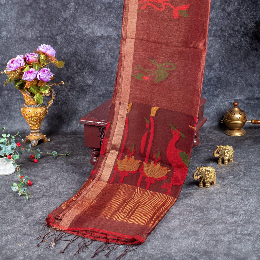 Matka Silk Jamdani Saree – Handwoven Artistic Elegance -Coffee Brown - Kleem Boutique
