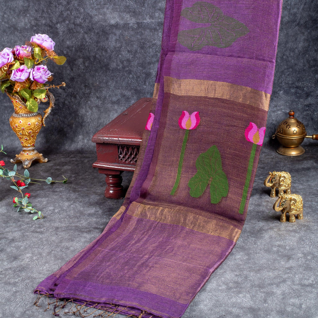 Jamdani Silk Saree with Horizontal Line Design – Handwoven Elegance - Violet - Kleem Boutique