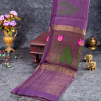 Jamdani Silk Saree with Horizontal Line Design – Handwoven Elegance - Violet - Kleem Boutique