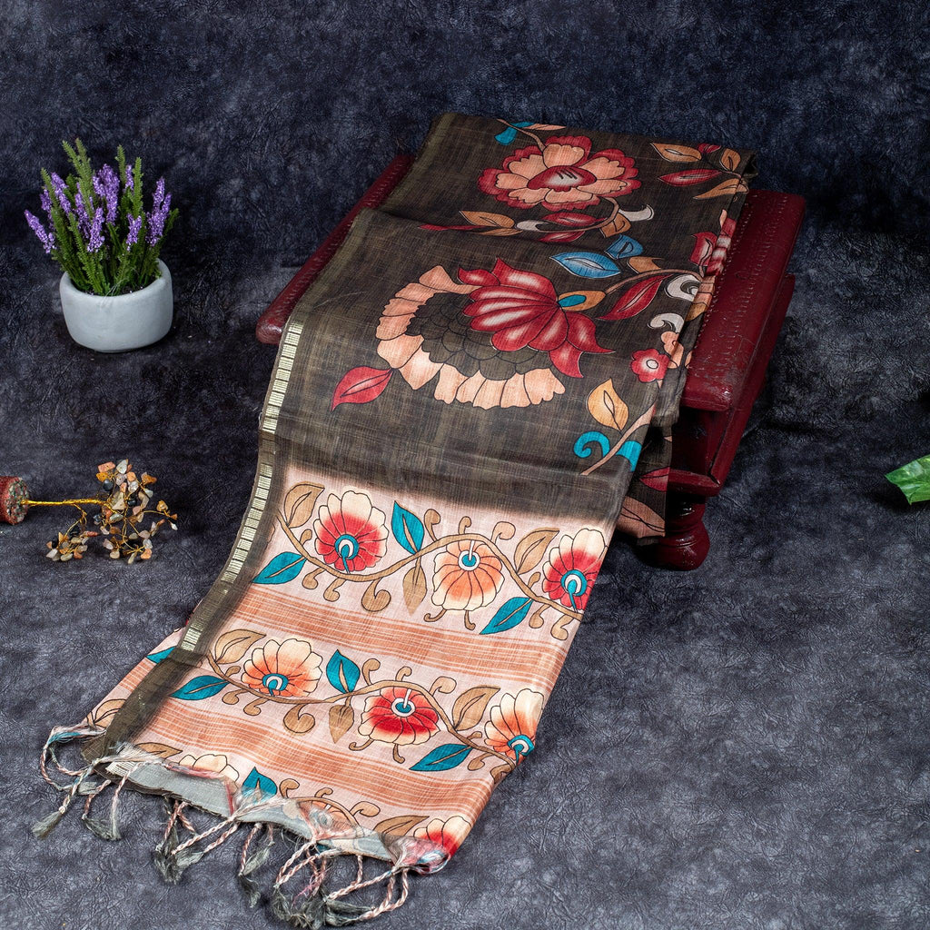 Semi Tussar Silk Saree – Kalamkari Floral Design with Zari Border - Kleem Boutique