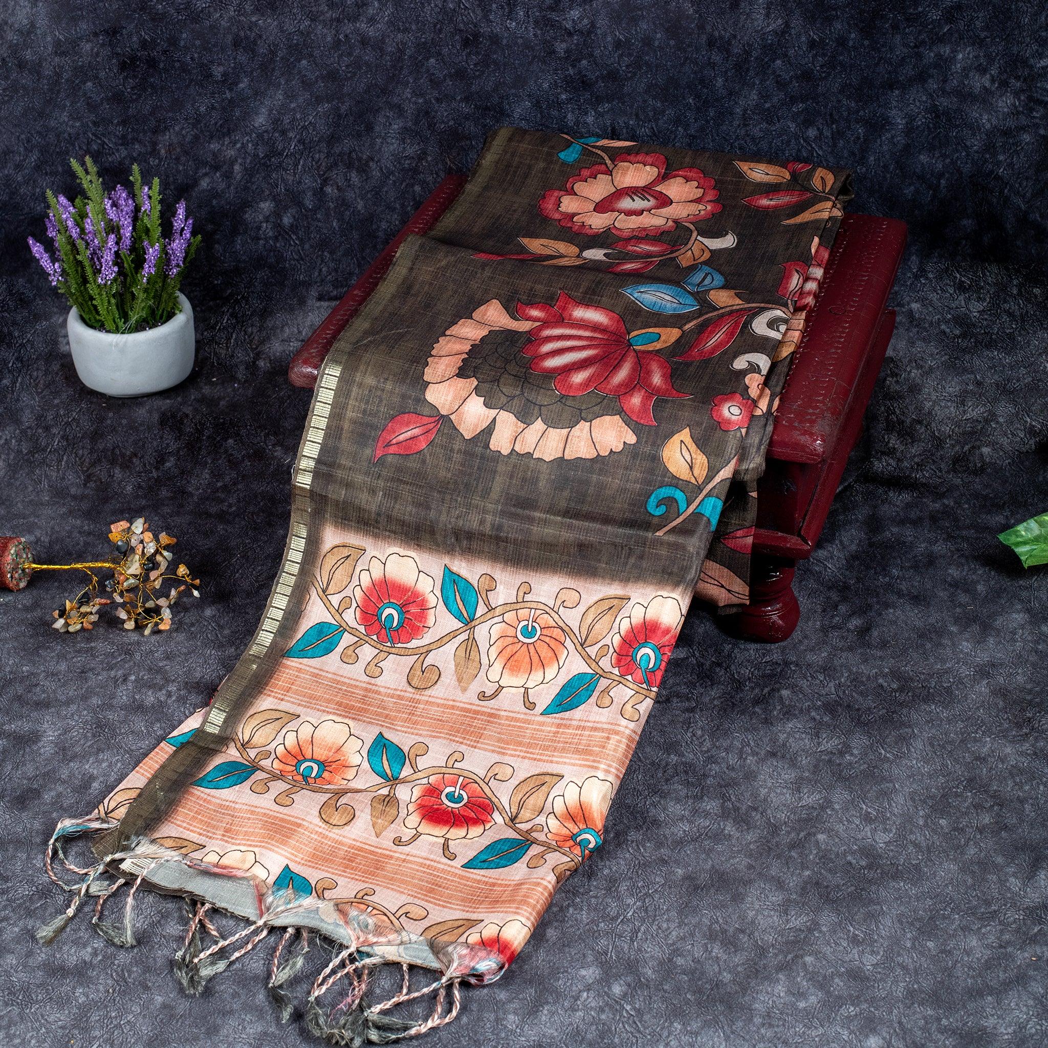 Semi Tussar Silk Saree – Kalamkari Floral Design with Zari Border - Kleem Boutique