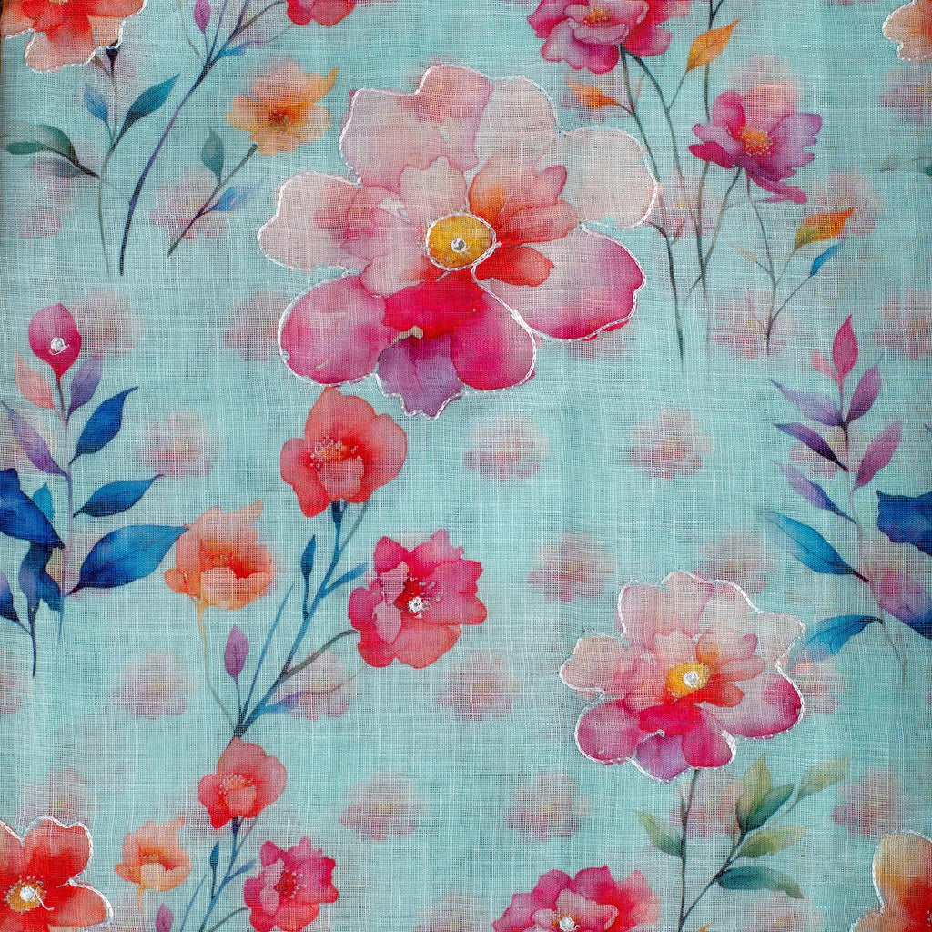 Semi Linen Silk Saree with Floral Embroidery – Sea Green - Kleem Boutique