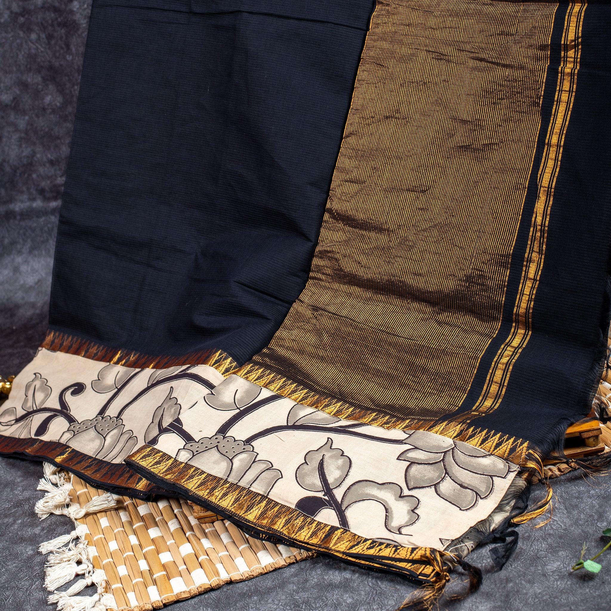 Pure Handloom MG Cotton Saree with Kalamkari Patch Work - Kleem Boutique