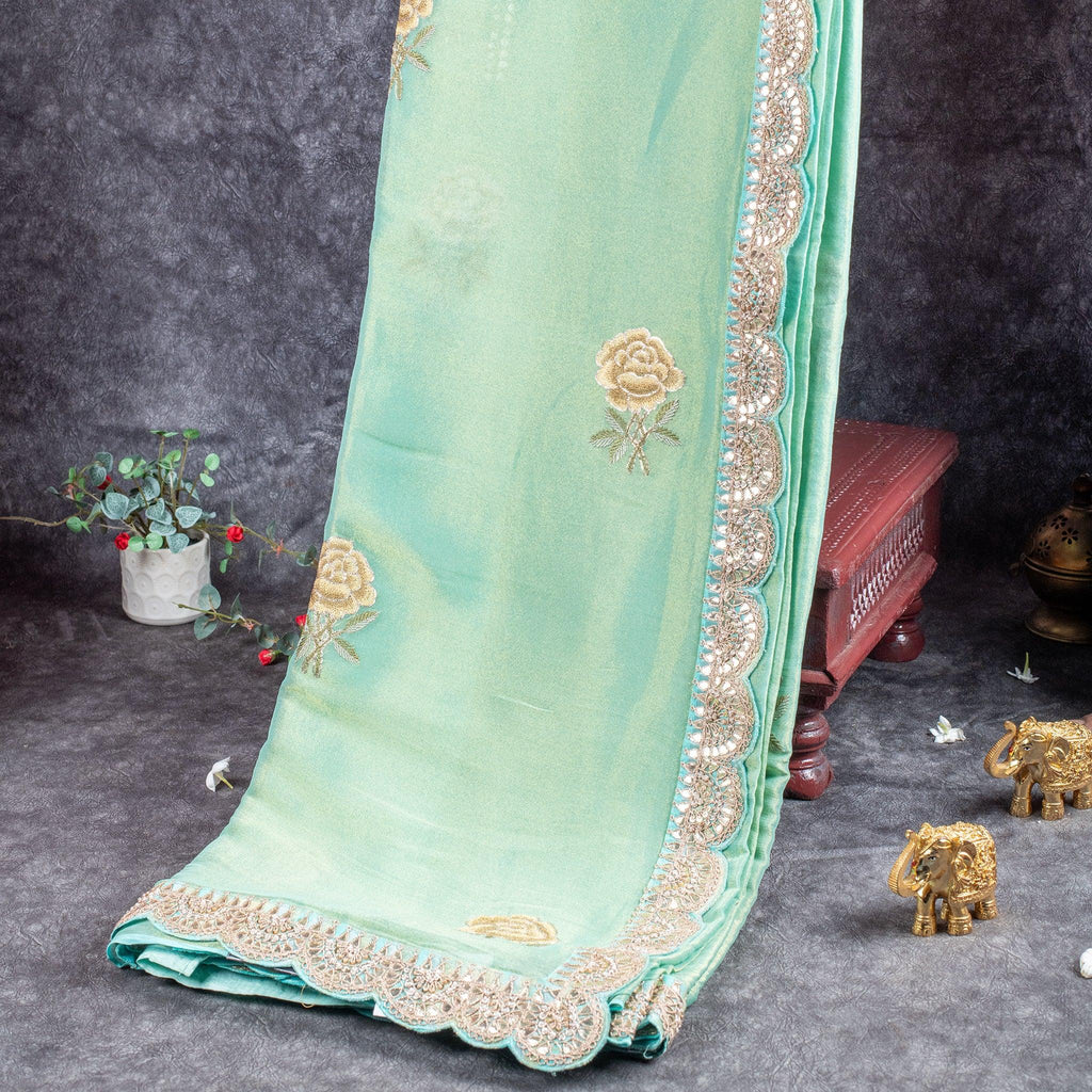 Green Tissue Soft Organza Saree with Rose Embroidery & Gota Patti -  Green
