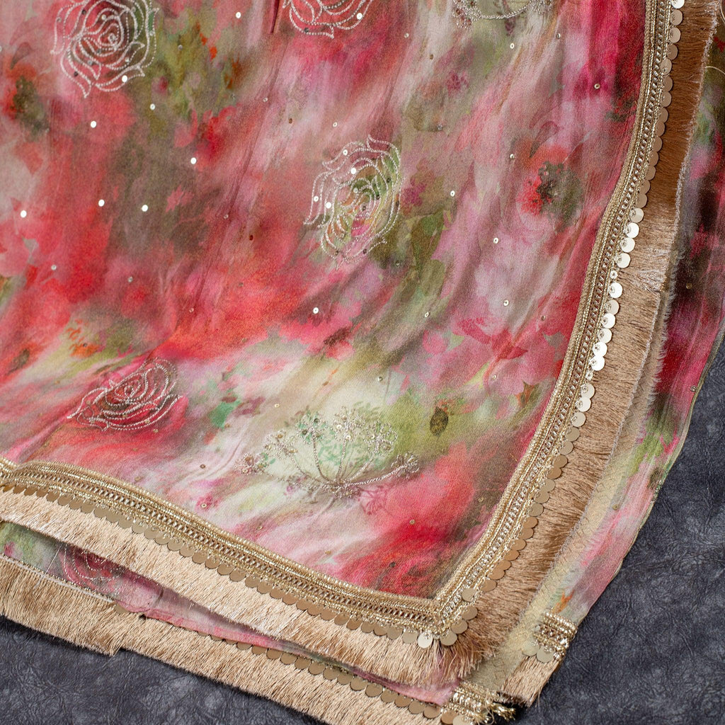 Tissue Satin Organza Saree with Digital Print & Kiran Patti - Multicolour - Kleem Boutique