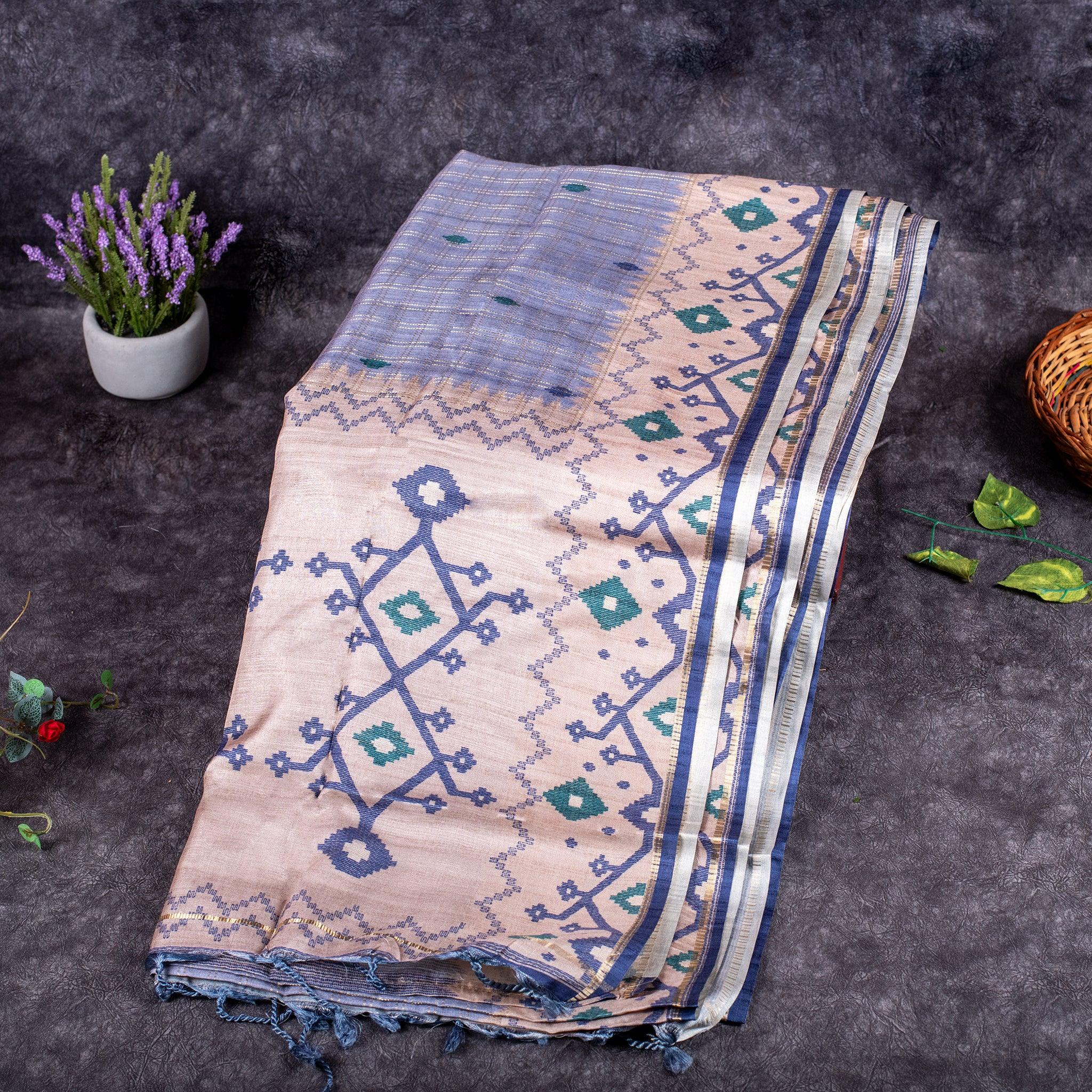 Semi Tussar Silk Saree – Zari Checks with Jamdani Print Border Secondary image