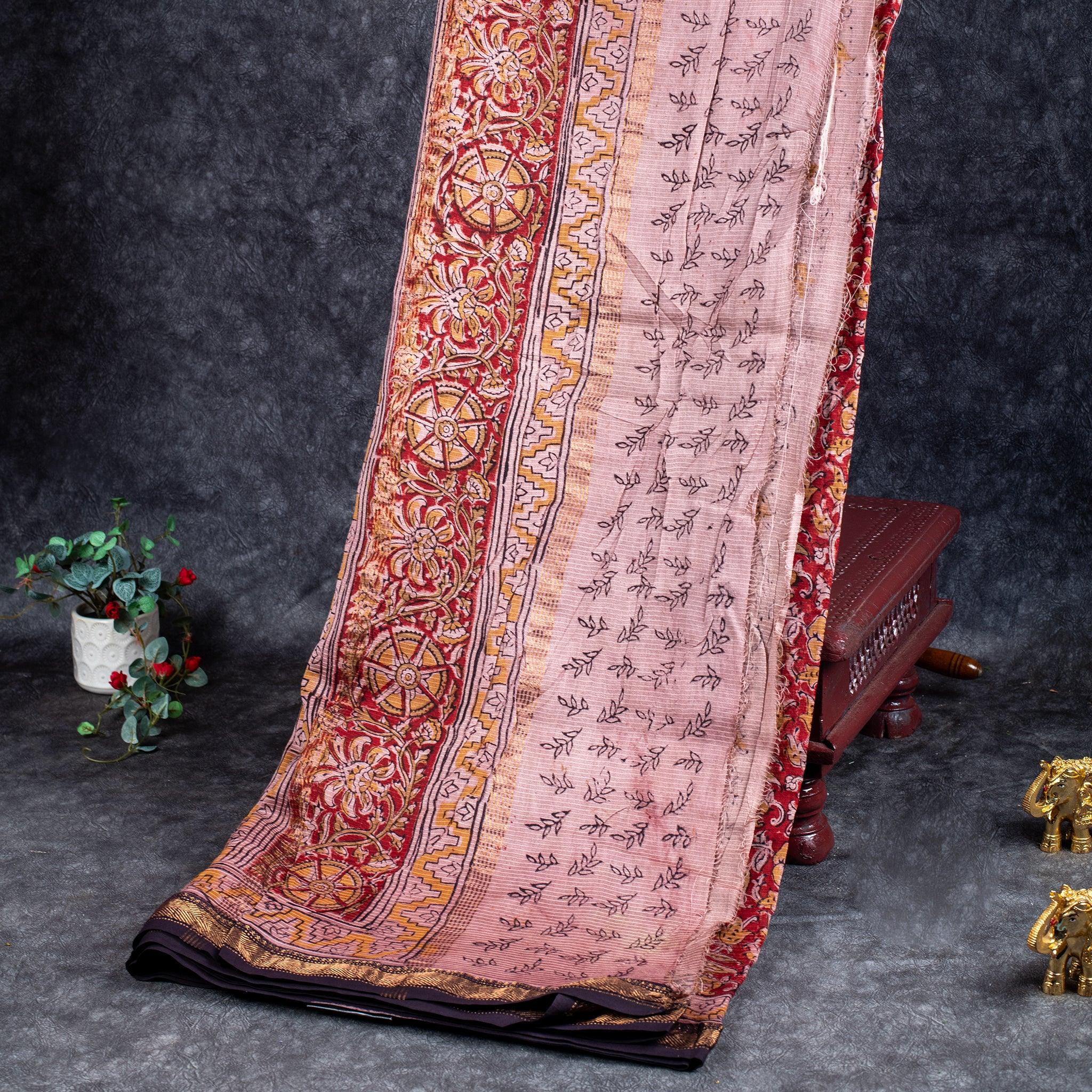 Pure Handloom Maheshwari Cotton Saree with Floral Digital Print - Maroon - Kleem Boutique