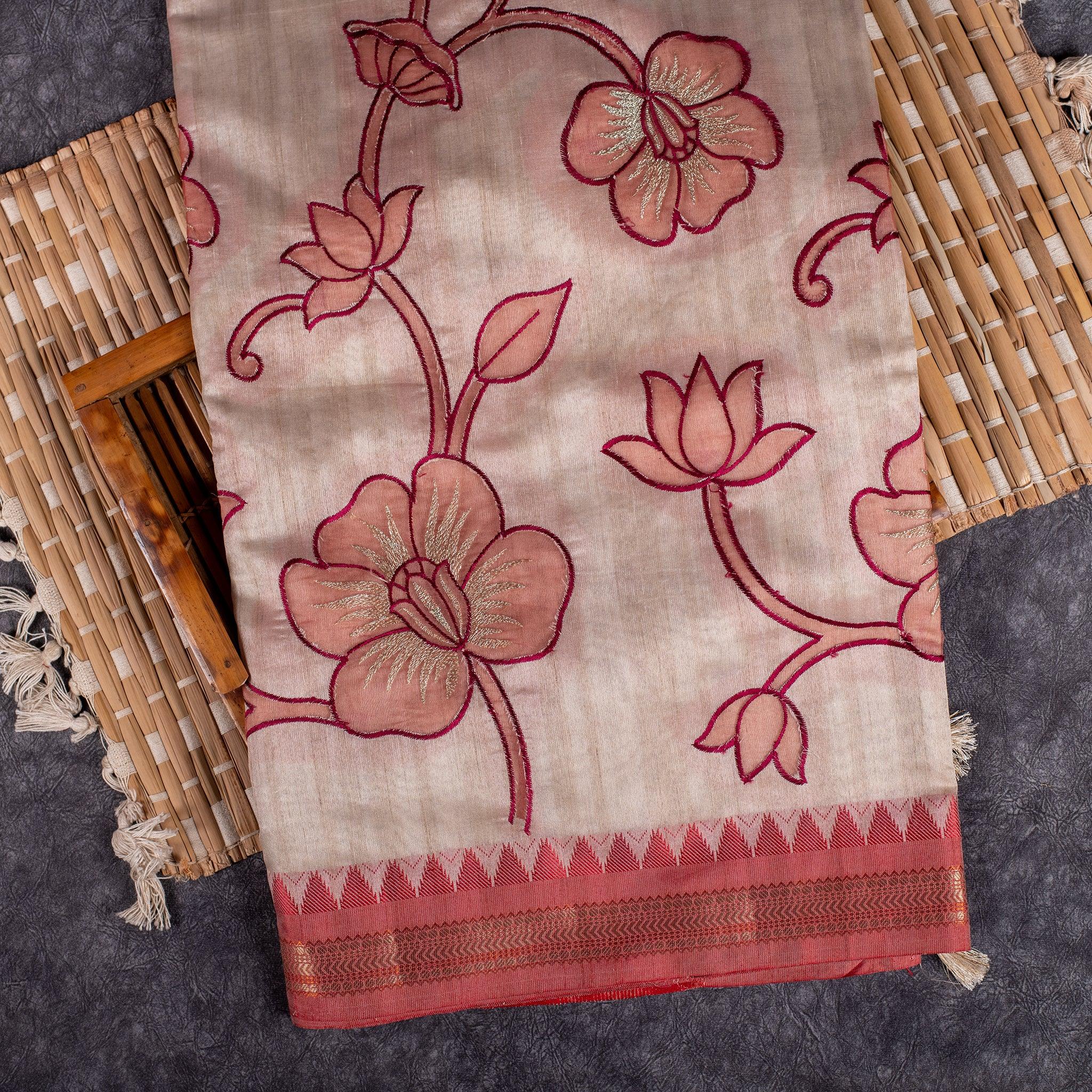 Semi Tussar Silk Saree – Vidarbha Style with Applique Work - Kleem Boutique