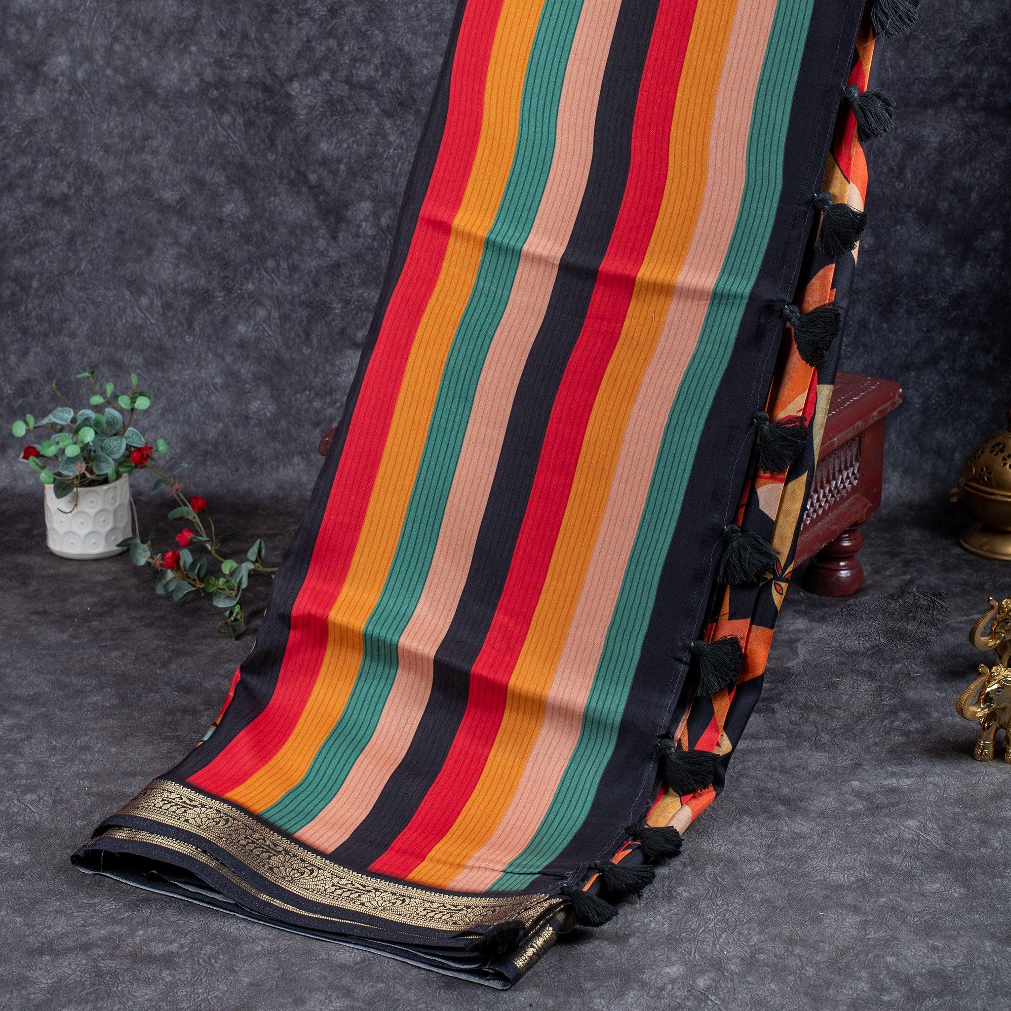 Jubilee Silk Ajrakh Saree - Black & Orange - Kleem Boutique