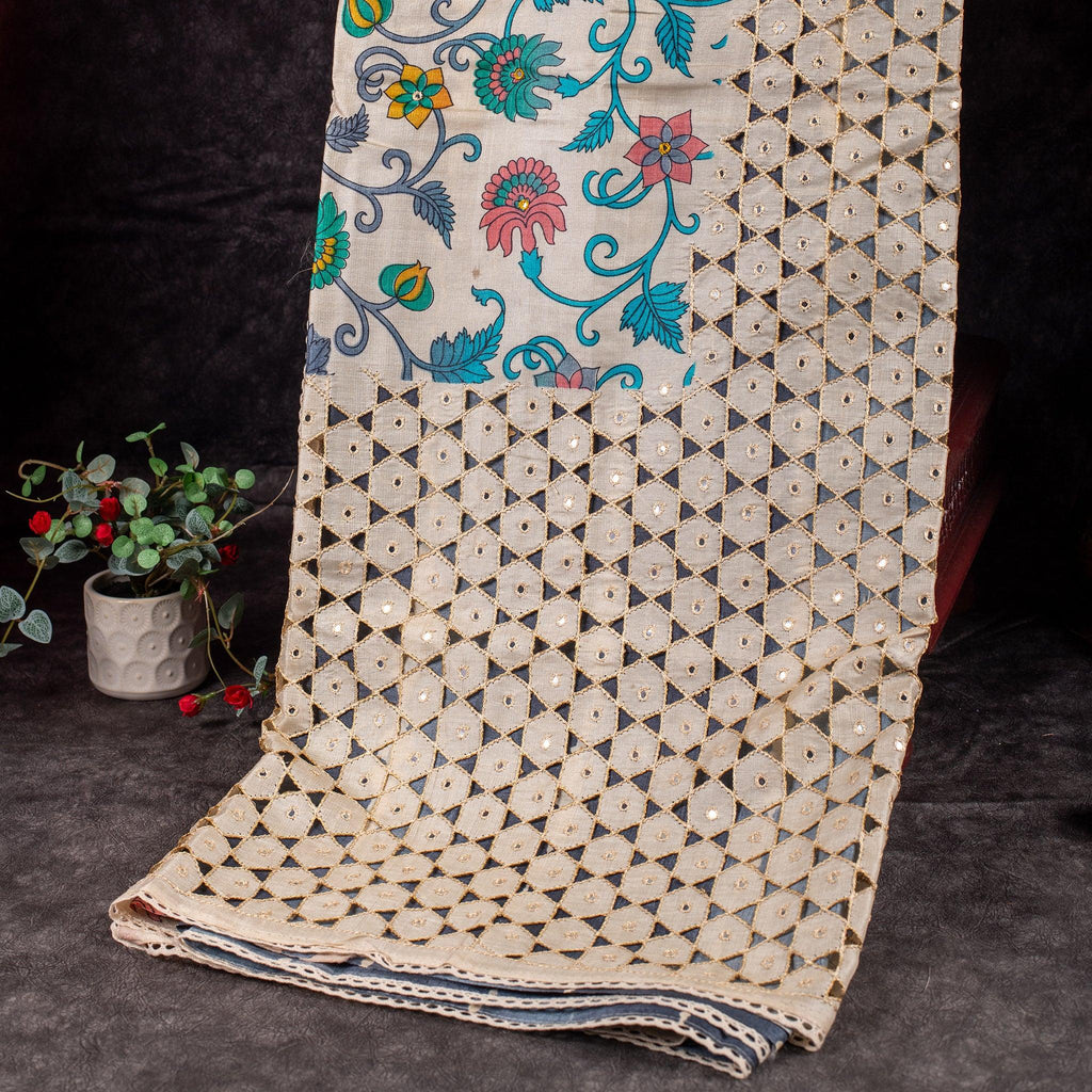 Pure Handloom Tussar Silk Grey Saree with Leheriya Pattern & Kalamkari Cutwork - Kleem Boutique